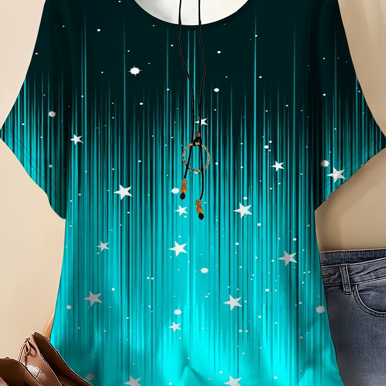 TEMU Plus Size - 0xl-9xl Plus Size--women's Round Neck Short Sleeve T-shirt (dark Green Gradient Starry ), Fabric, Soft Material - Comfortable And