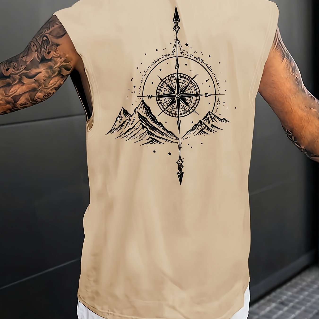 TEMU Men's Loose Sleeveless T-shirt With A Mountain And Compass Adventure Print For Fitness