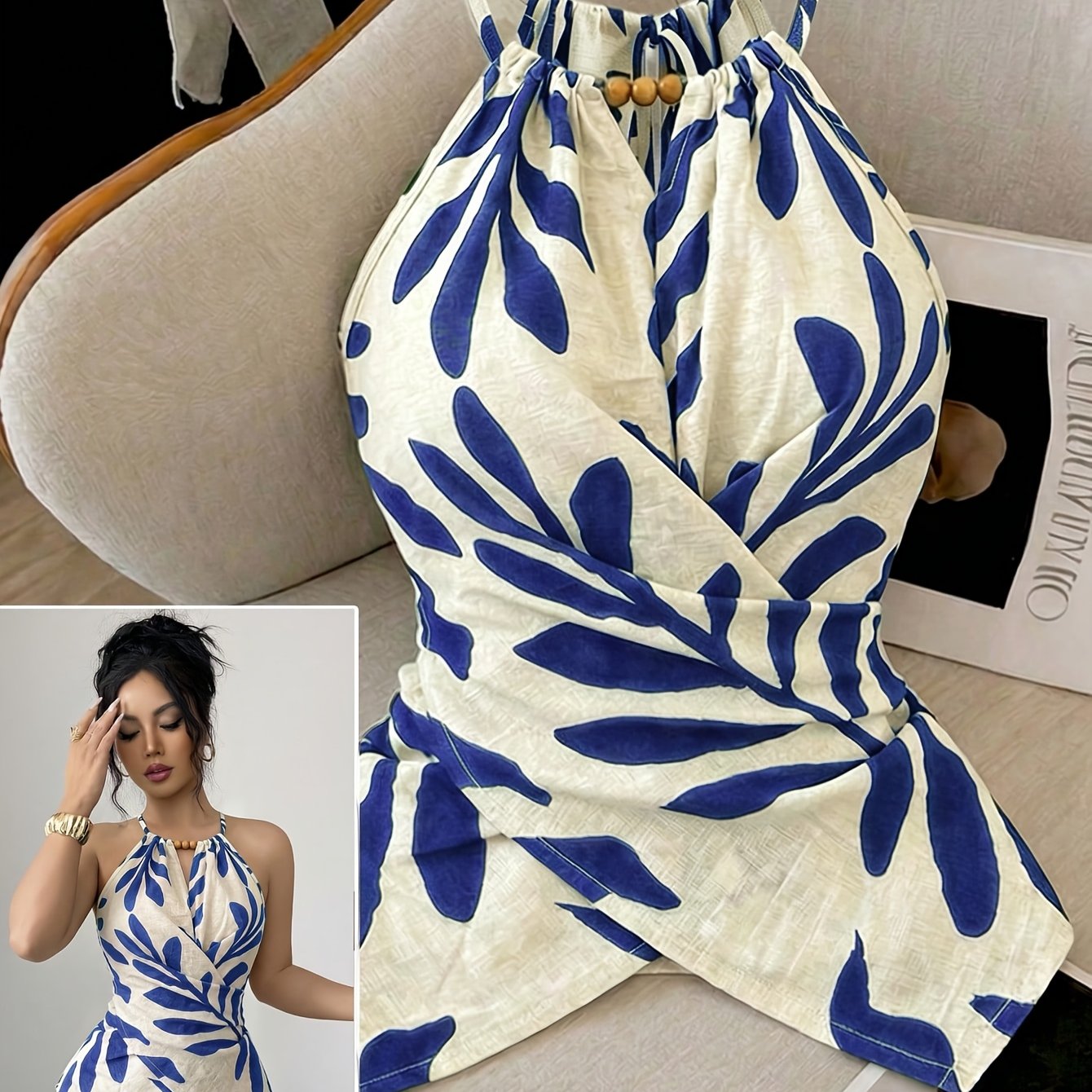 TEMU Elegant Women's Tank Top, Off- With Botanical Print And Criss-cross Tie-back, Suitable For Shopping, Vacation, Beach, Travel, And Daily Casual