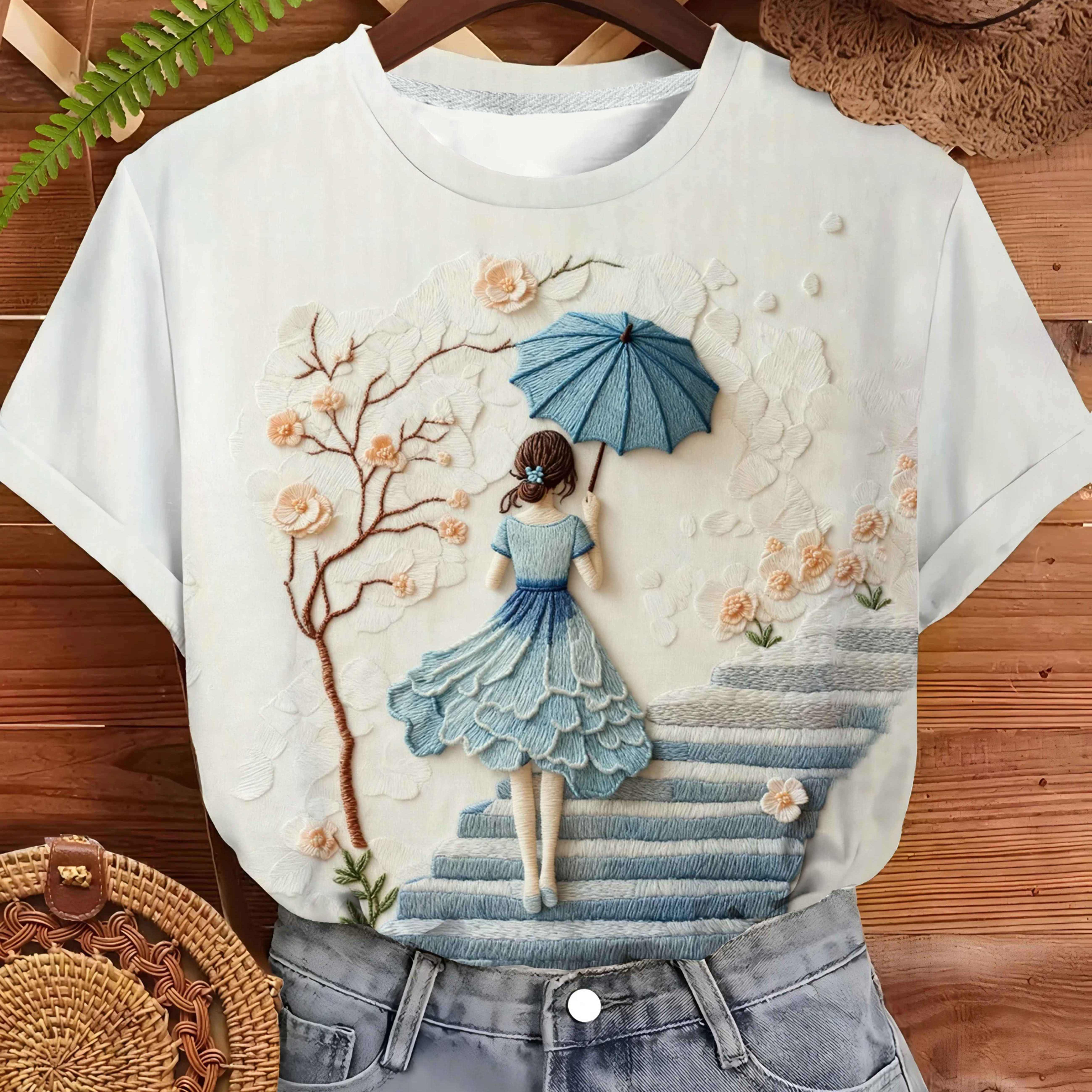 E-shop Damen Kurzarm-T-Shirt mit Baum-Stufen-Aufdruck – bedrucktes Design, nicht texturiert – Porträt-Bluse mit Rundhalsausschnitt | Sommer-Oberteile