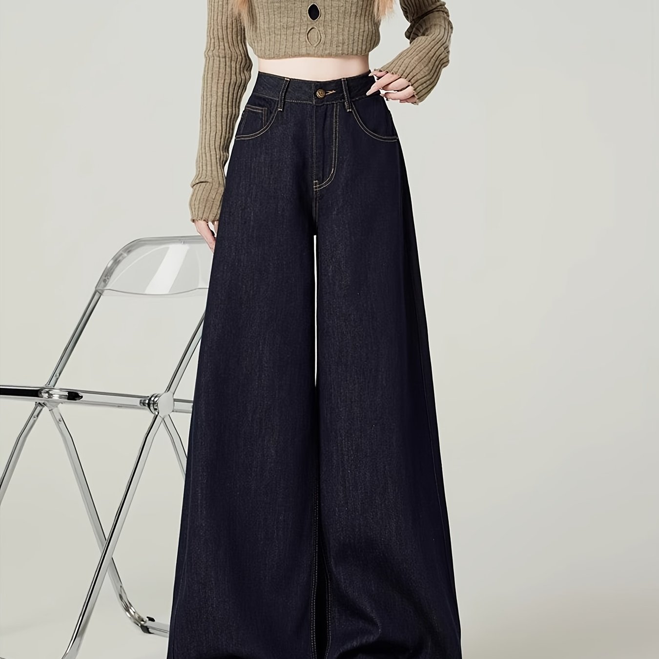 TEMU Japanese And Korean Style Denim Pants: Flared Pants, Wide-leg Pants, High- Pants