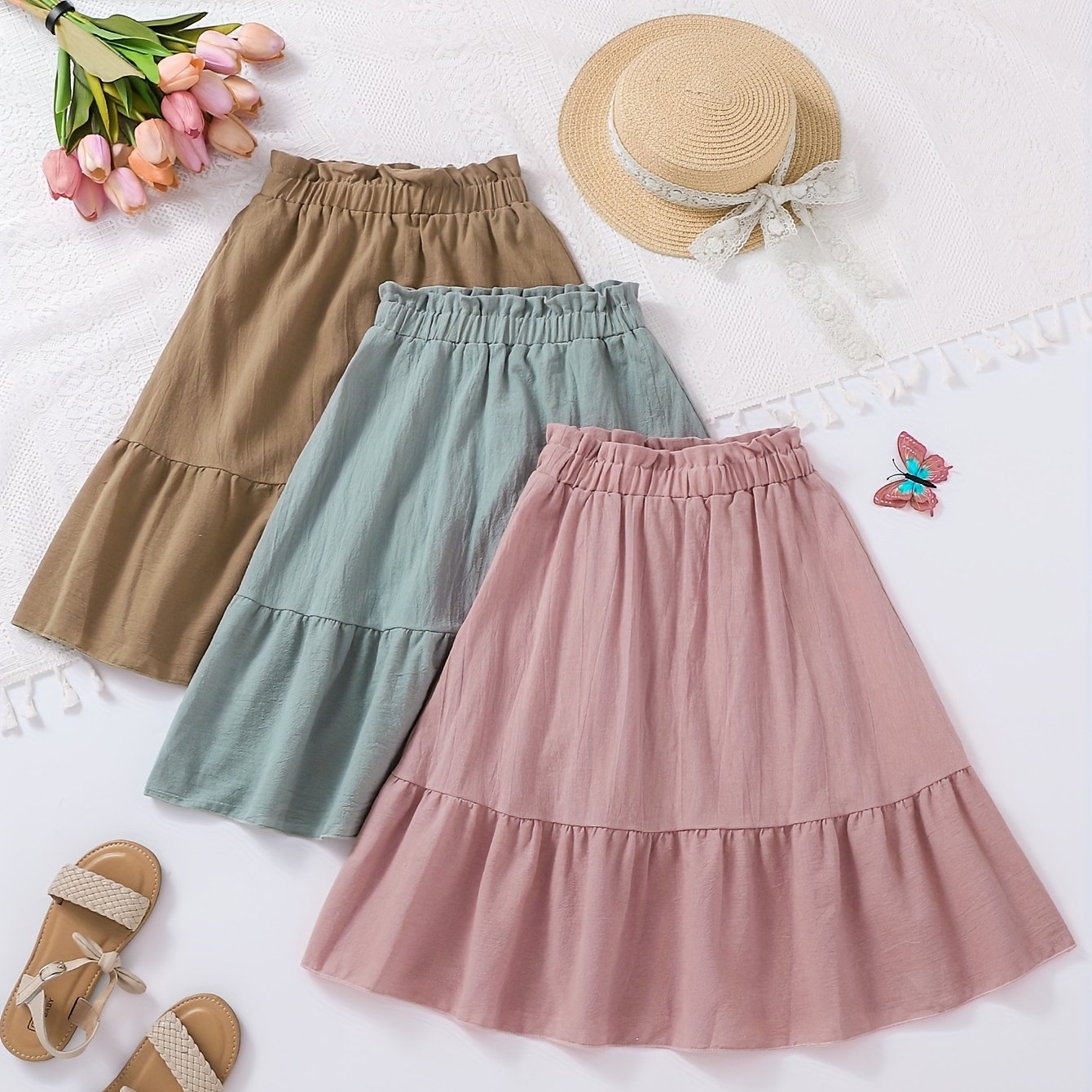 Girls' Solid Color Knee-length Skirt Three-piece Set For