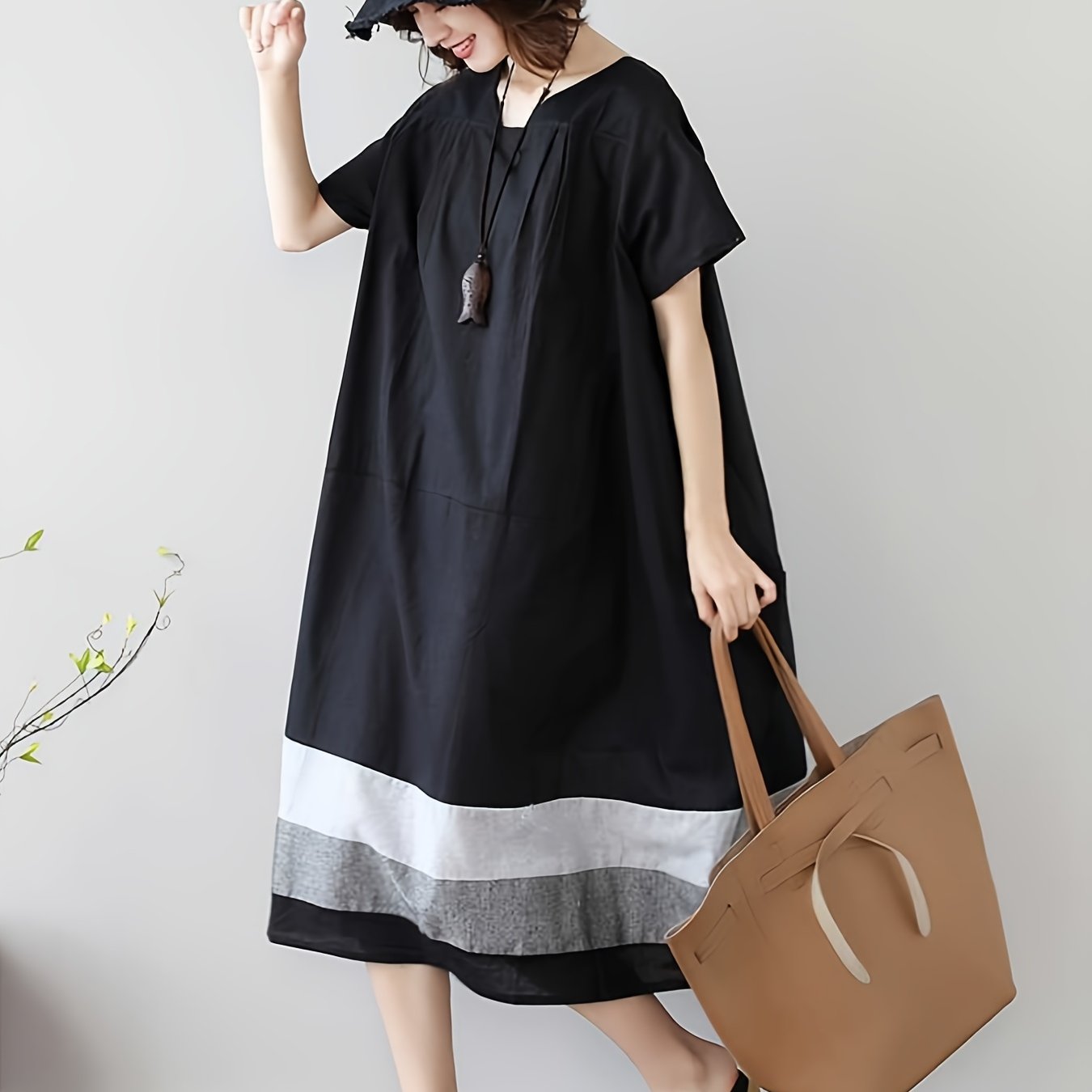 TEMU プラスサイズ - 高品質と綿 | プラスサイズ レディース服 - 夏新ジャパニーズスタイルドレス | スカート下地カラークロッシュ | 半袖ルーズミドルレングスドレス。