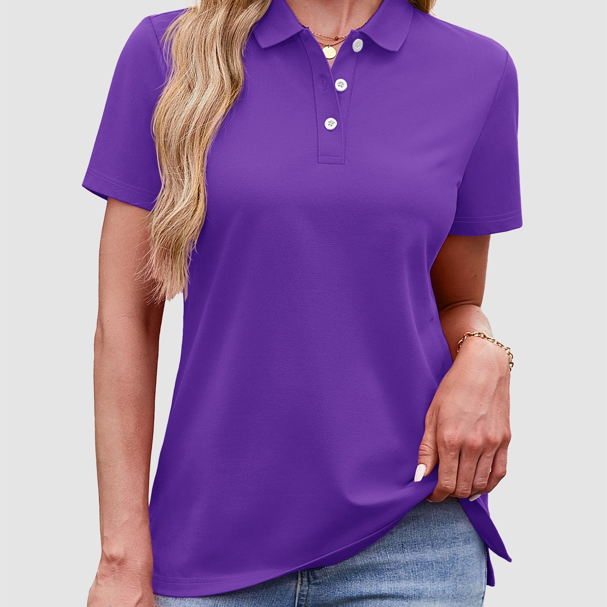 Image of Women Short Sleeve Shirt Collared Shirt Shirt Business Casual Tee Uniform Top 3-button V-neck Breathable Stretchy Work Slit Hem Tag-free