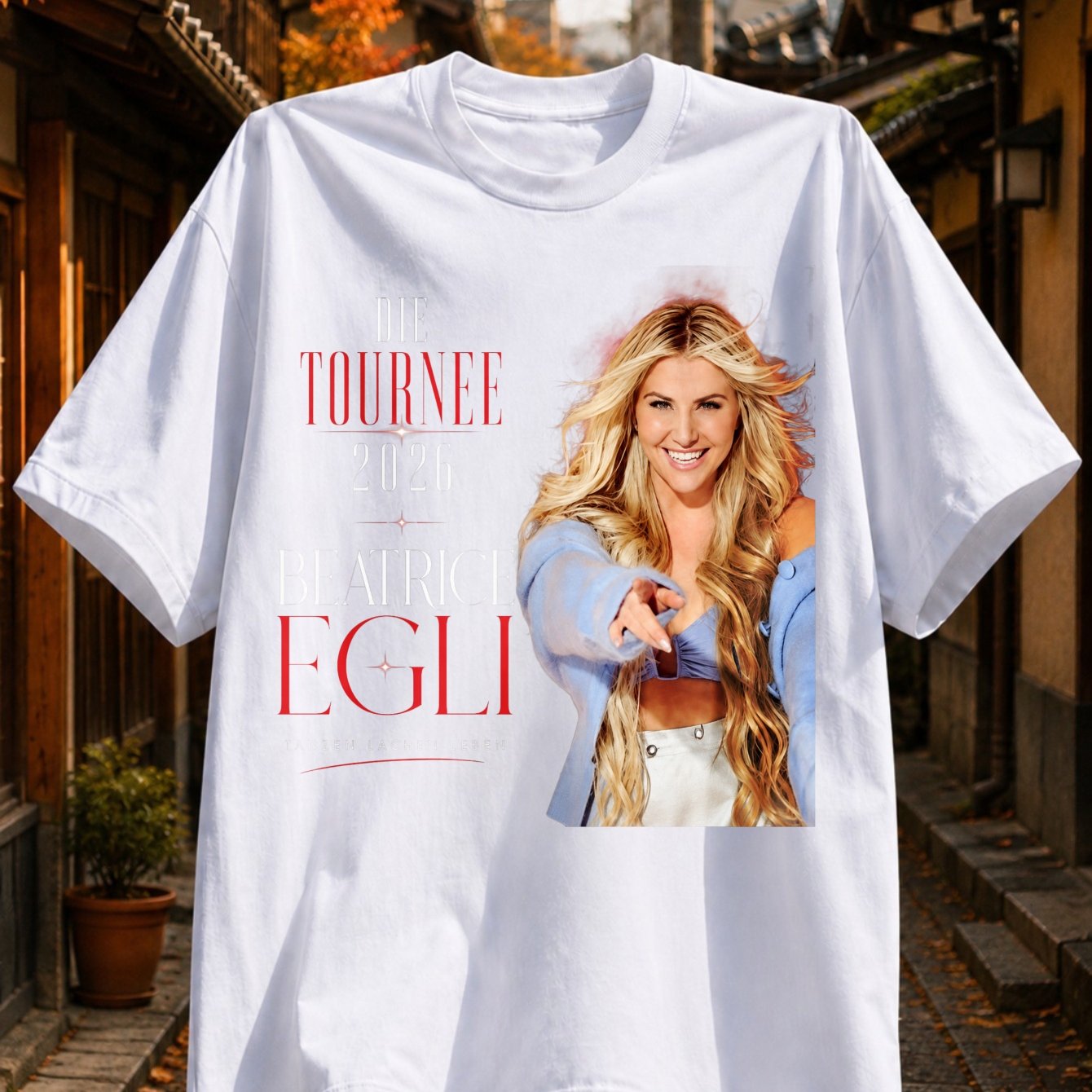 Image of Die 2026 Printed Text Smiling Blonde Female Portrait And Red Concert-style Layout Unisex All T-shirt