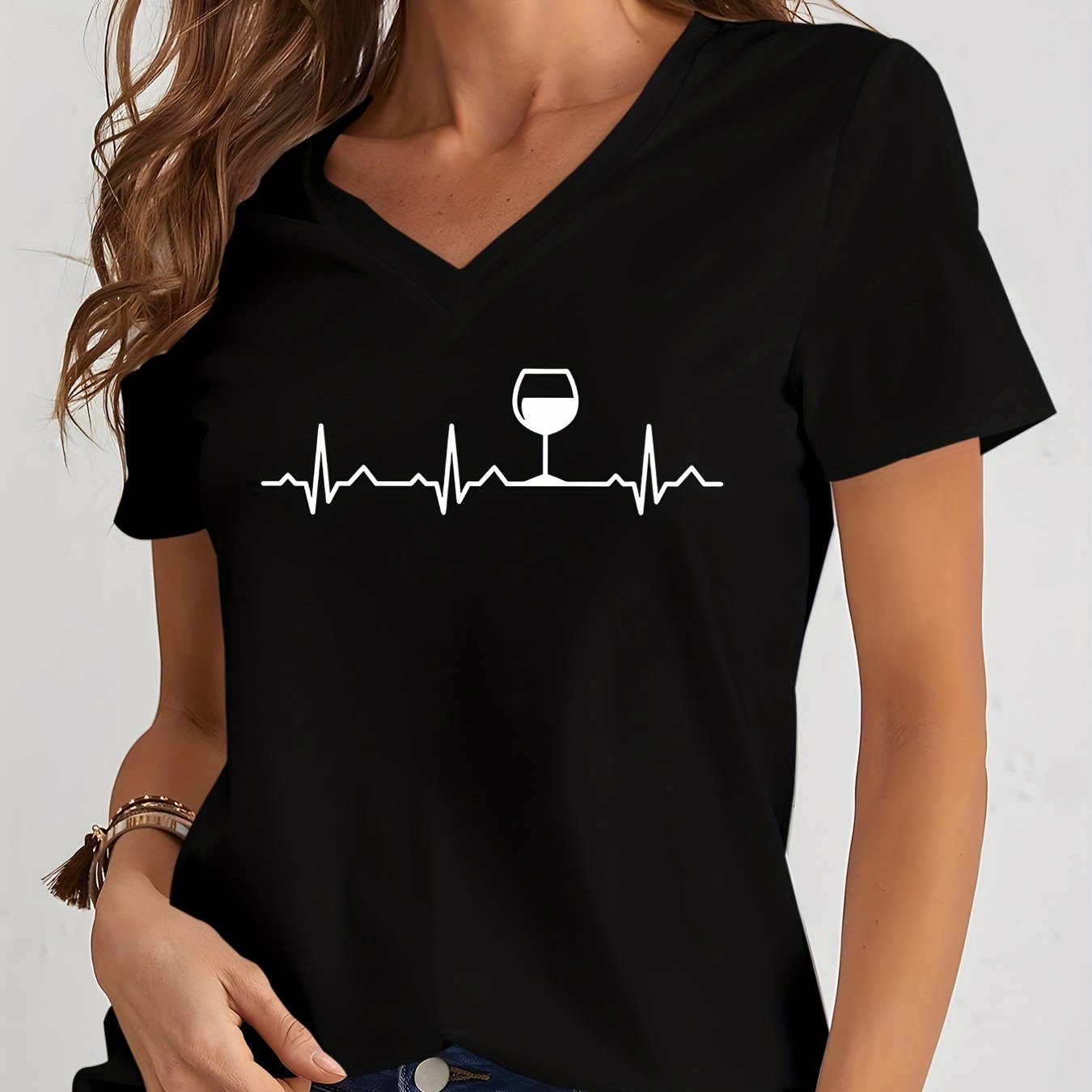 Image of Women's Casual V-neck T-shirt With Heartbeat Line And Wine Glass Graphic, Short Sleeve, Black, Polyester, Geometric Pattern, Top, Wine Enthusiast Apparel | Modern | Polyester