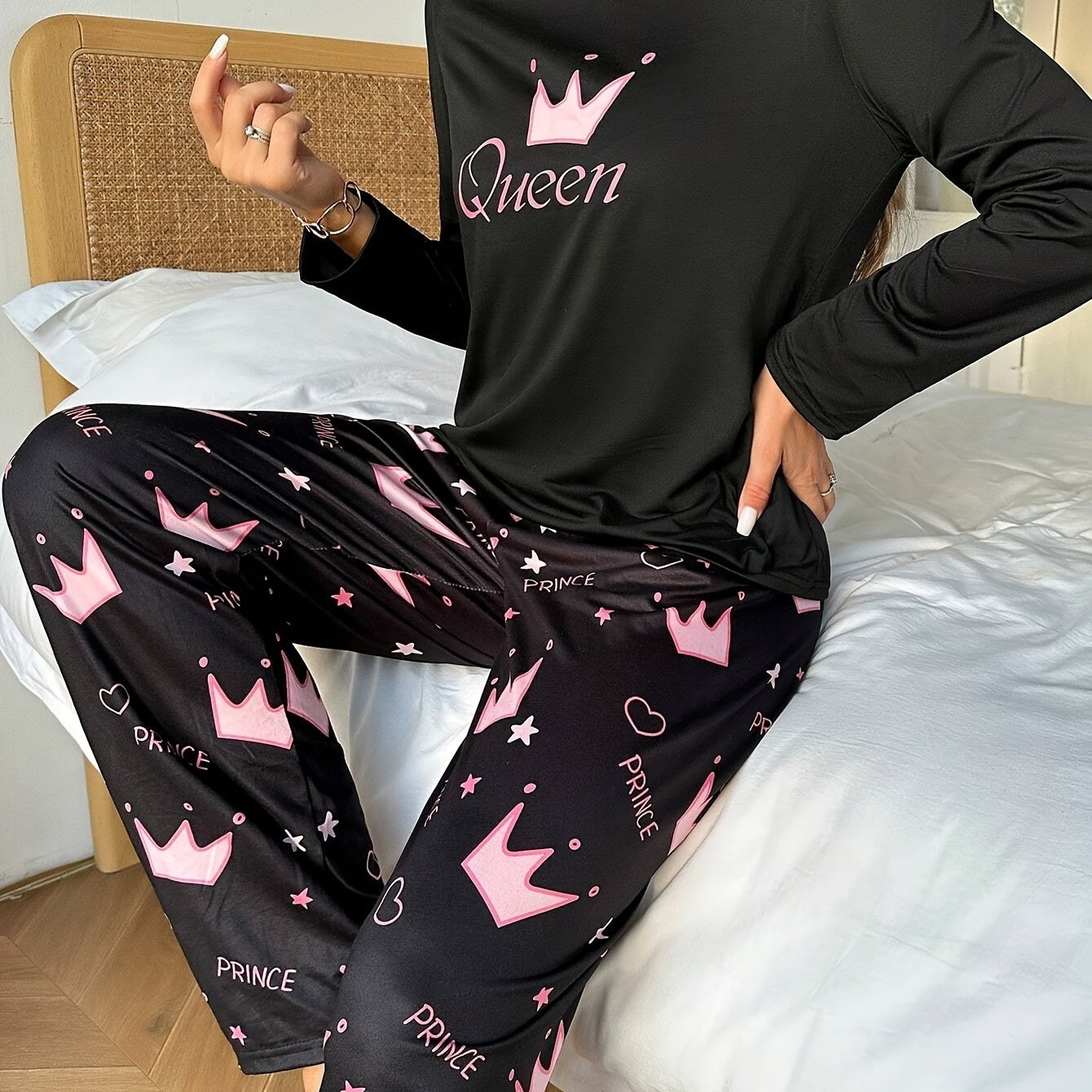 Women' Casual Cute Letter Crown Cartoon Print Pajama Set, Round Neck Long Sleeve And Long Pants, Polyester Knit Sleepwear, Adult Pajama Outfit
