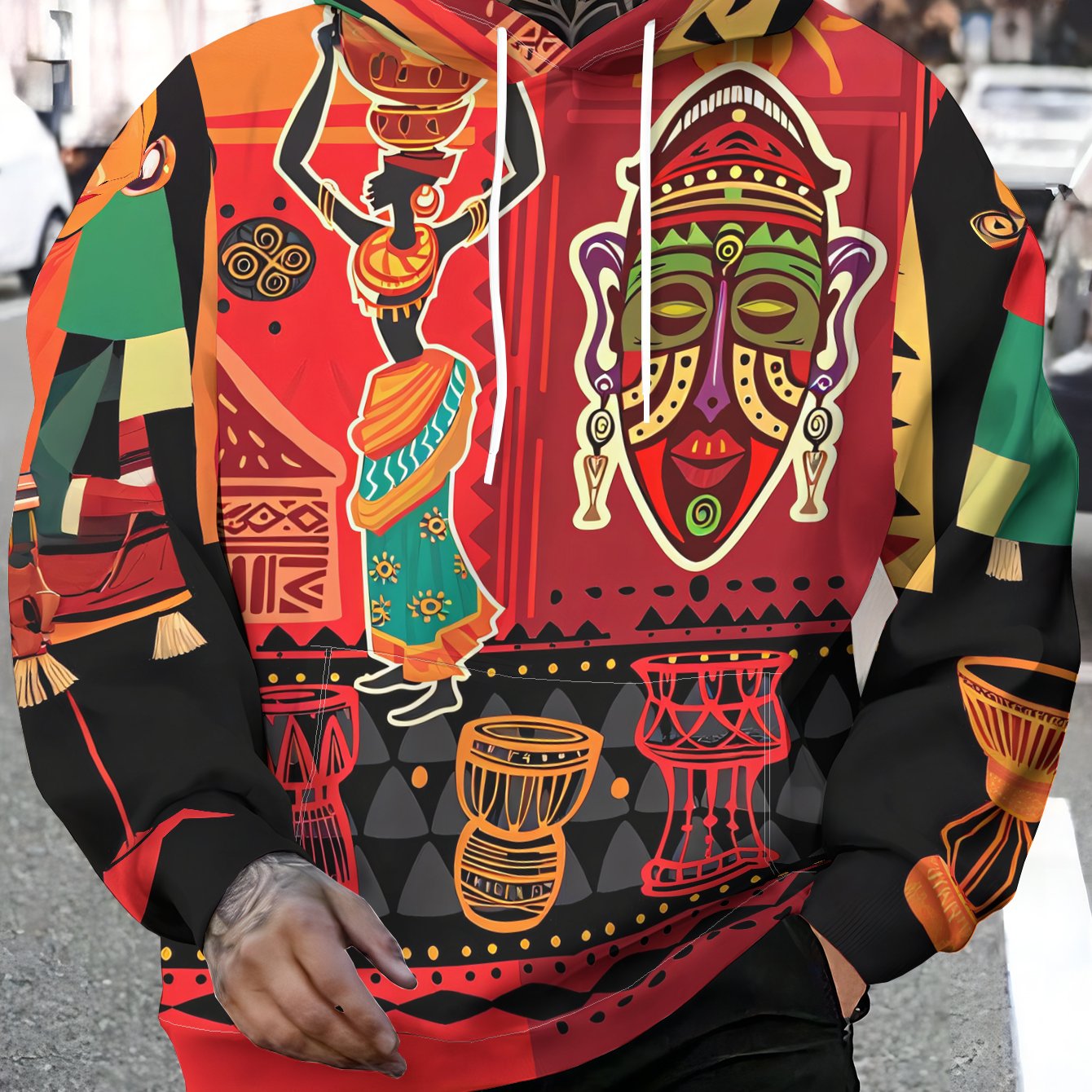 TEMU Fashion Hooded Sweatshirt, Casual Sport Hoodie With African Style Figure Mask And Drum Decorative Print, Front Pocket - Stretch Blend, Suitable