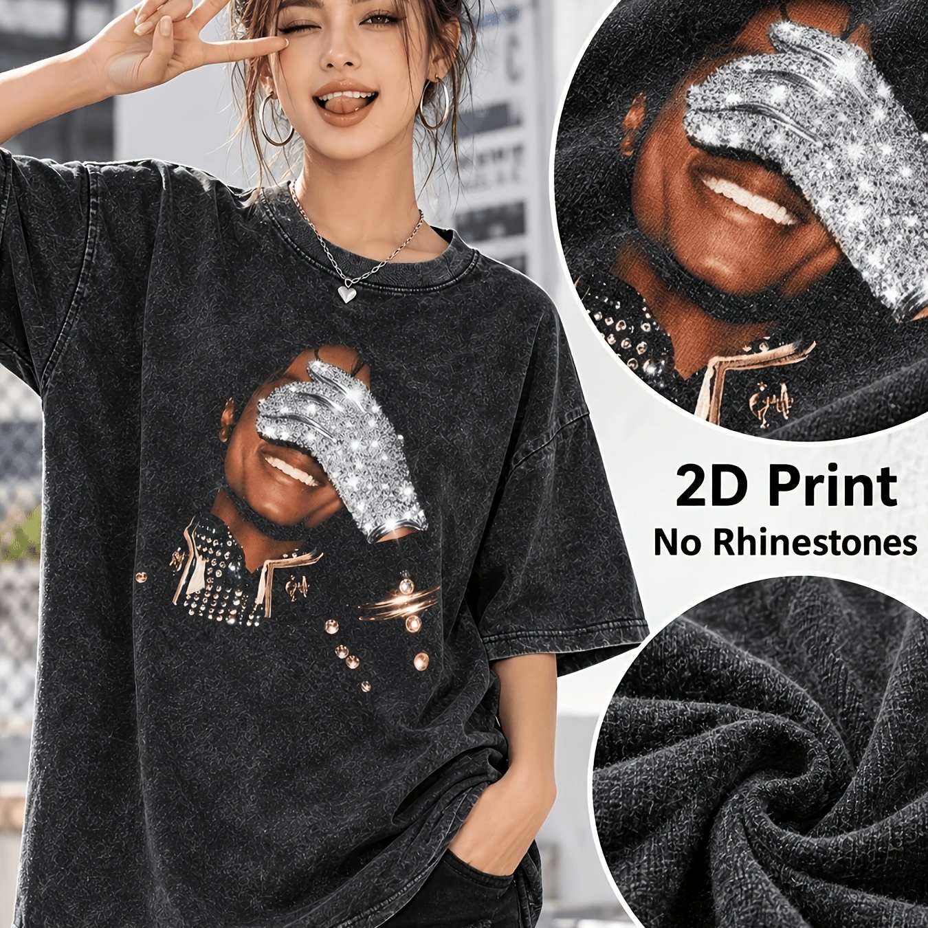 Image of Glove Graphic Washed T-shirt Print Oversized Streetwear Casual T-shirt - Summer Y2k Aesthetic Top, Breathable Fabric, Vintage 90s Washed Tee