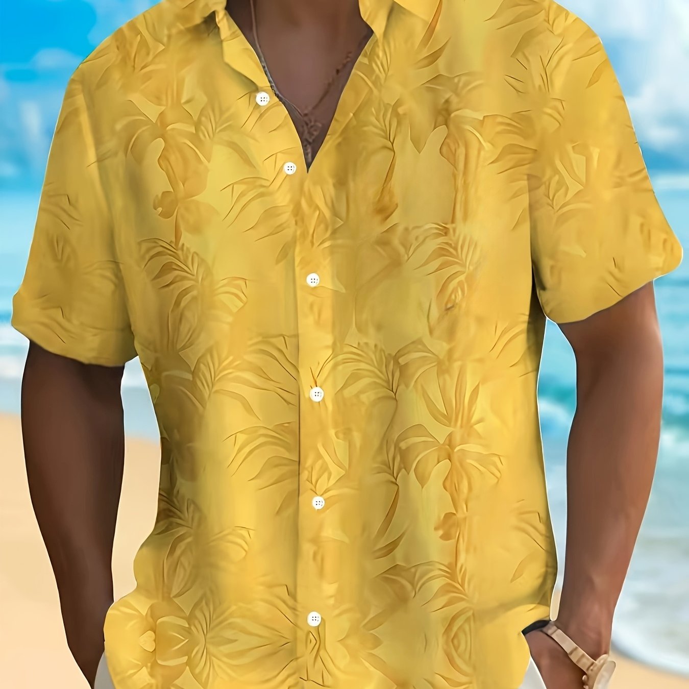 TEMU Men's Hawaiian Aloha Shirt - Mustard Yellow Tropical Style Button-up Top, Made From Lightweight Breathable Fabric, Suitable For Beach Vacations,
