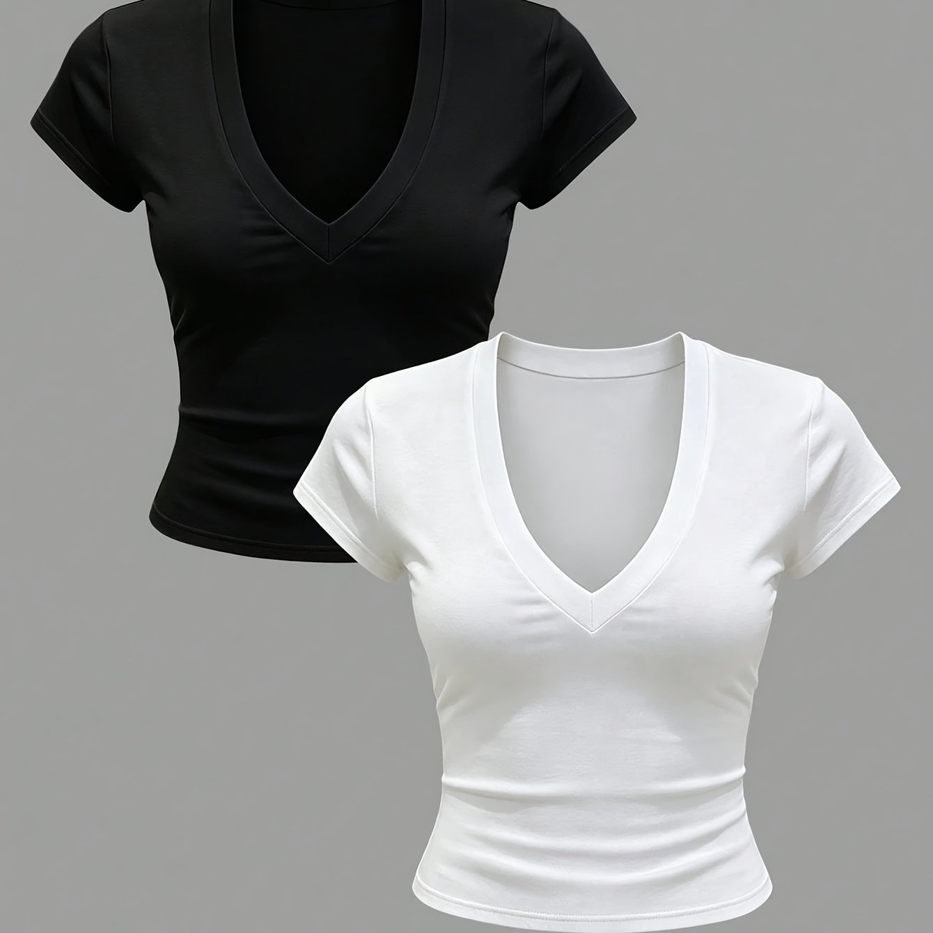 TEMU 2pcs Set Women' Color V-neck Short Sleeve Casual T-shirt