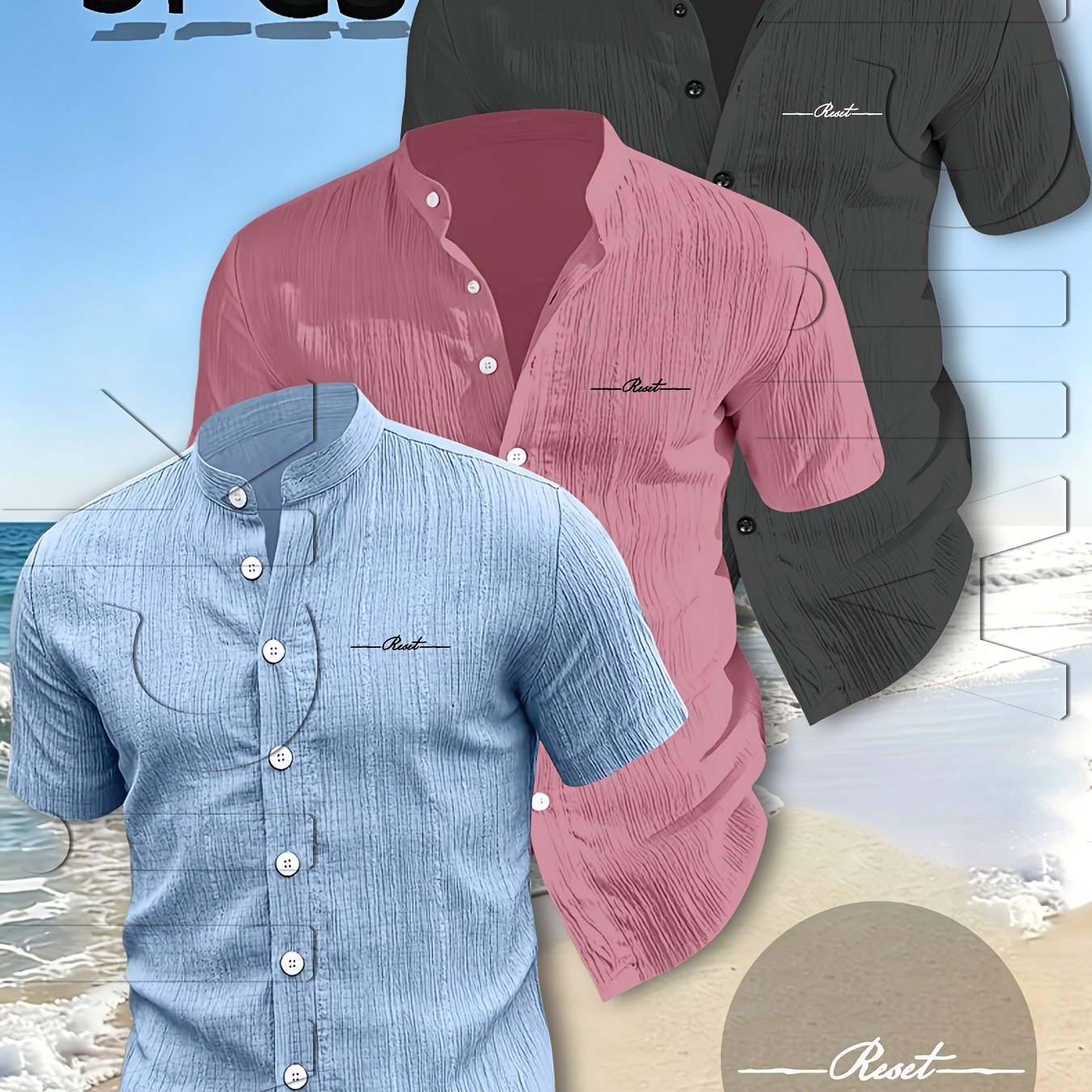 TEMU 3pcs Men's Summer Short-sleeve Shirt Set, Simple Textured Pattern Print, Lightweight And Breathable Shirt With Collar, Suitable For Beach