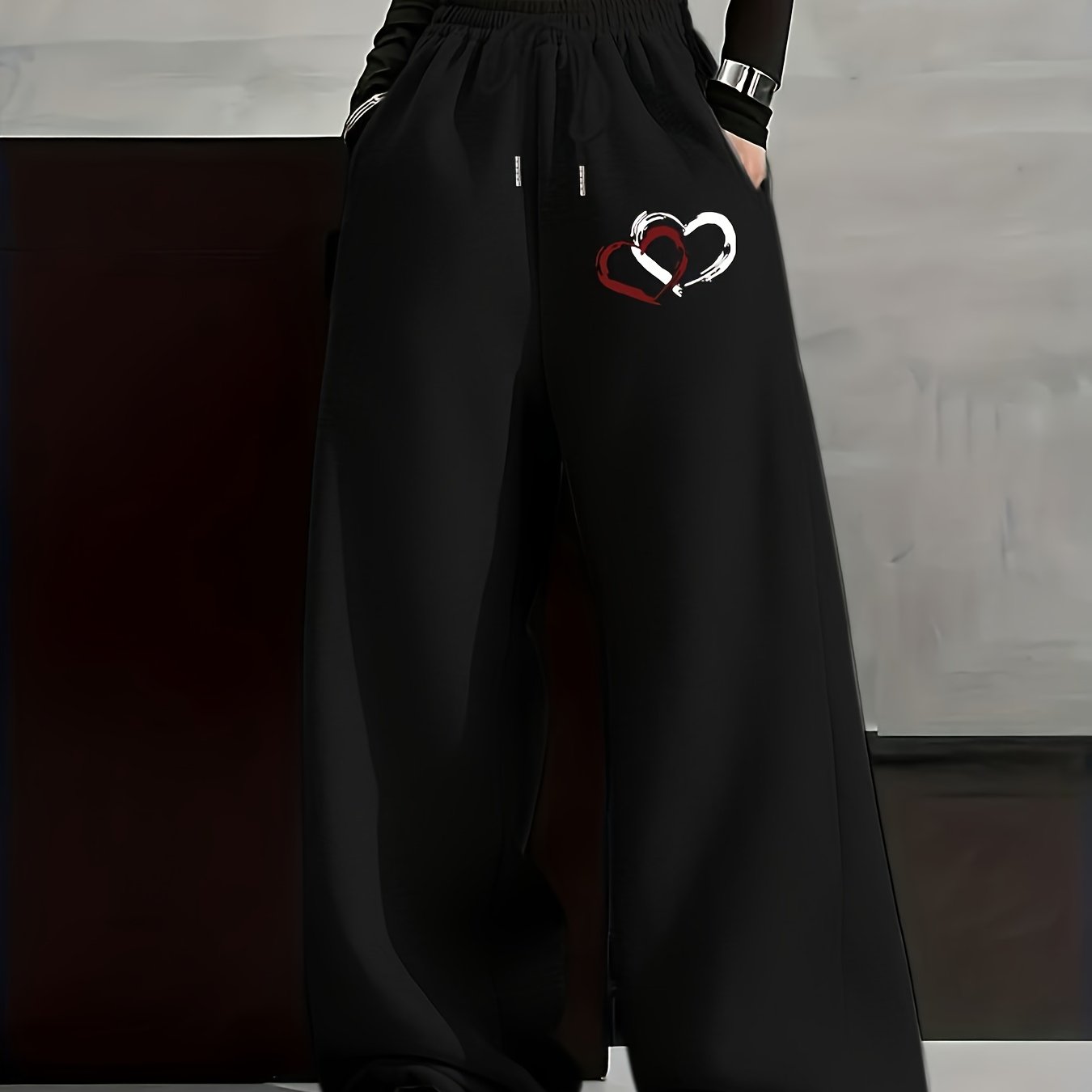 TEMU Women's Fleece Sweatpants - Winter Warm Loose-fit High-waisted Trousers With Drawstring, Straight-leg Monochrome Pants, Machine Washable Casual