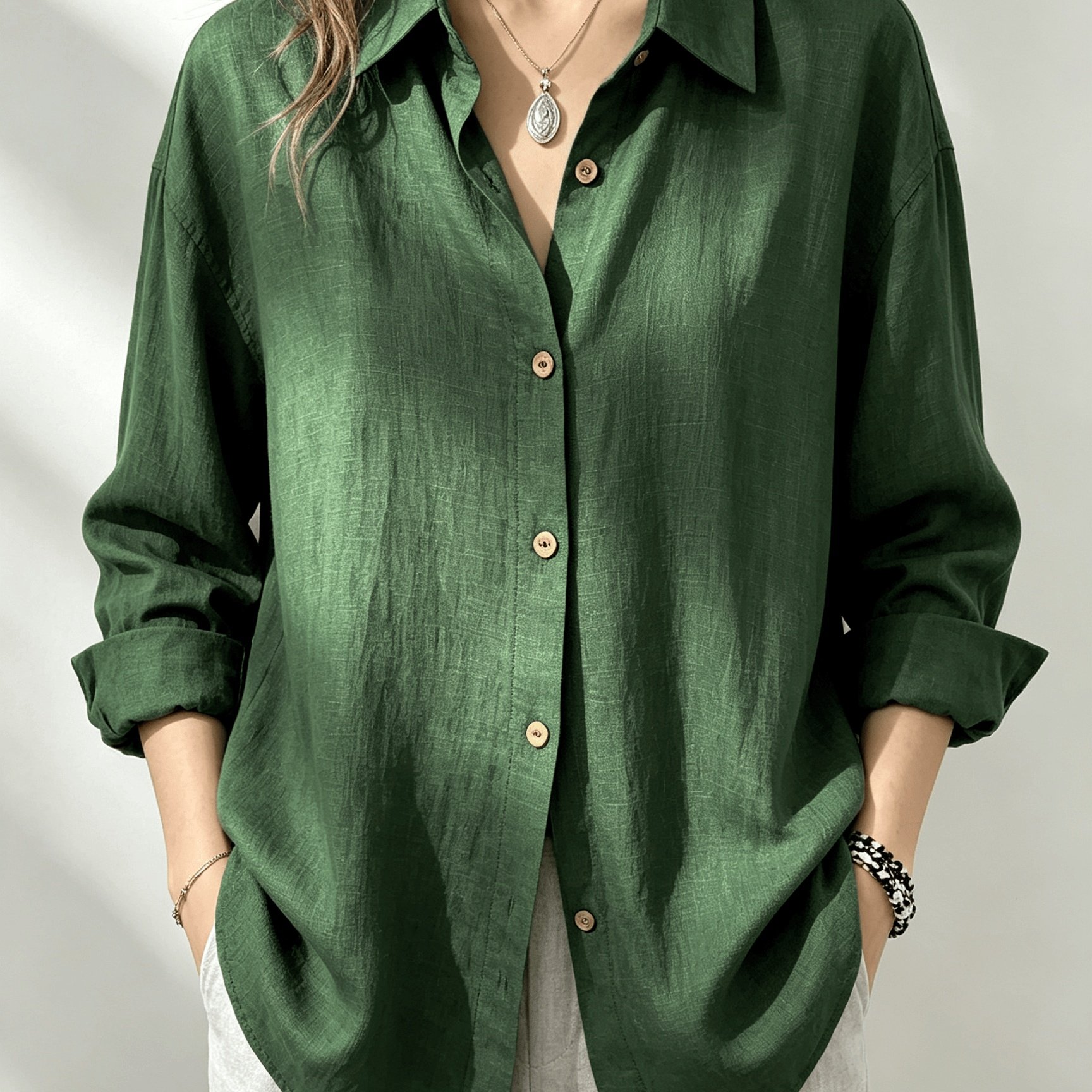 TEMU Breathable -like Loose Shirt Retro Green Long-sleeved Lapel Shirt Holiday Office Leisure Jacket