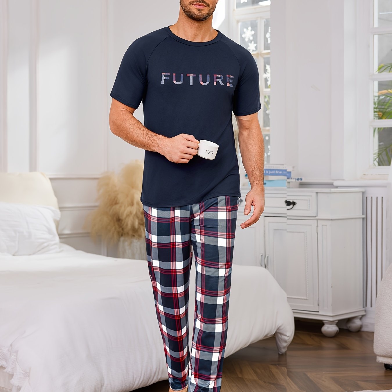 Image of Wearable - Men's Crew Neck Sleeve Sleep Set, Double Pocket Long Pants Pajama Set, Print Design, Casual Men's Short Sleeve Pajama Set, Includes 1 Short Sleeve Top And Of Long Pants, Men's Loungewear