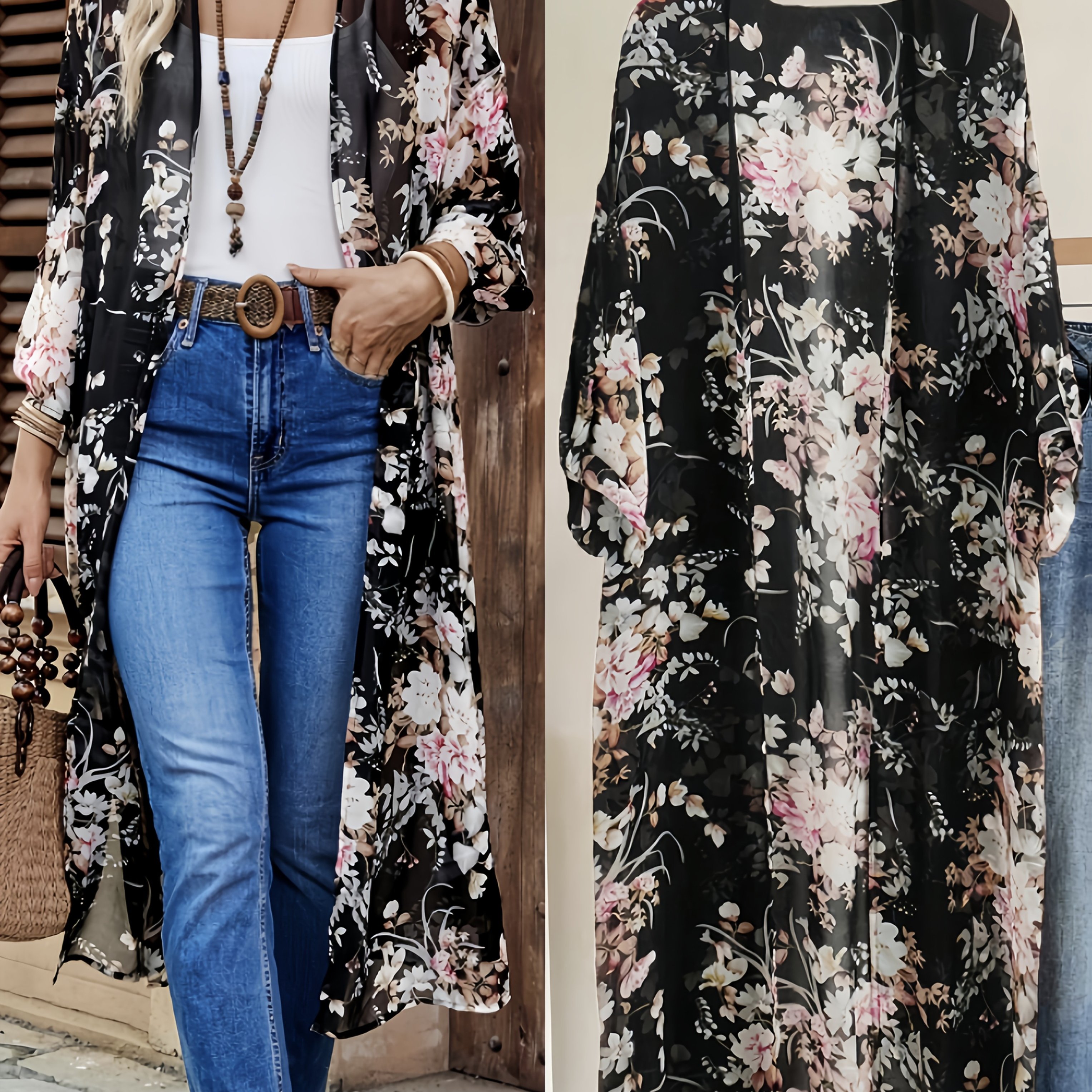 TEMU ＆アメリカン 女性用 ビーチバケーションスタイル ルプリント ループ付き オープンフロントカーディガン