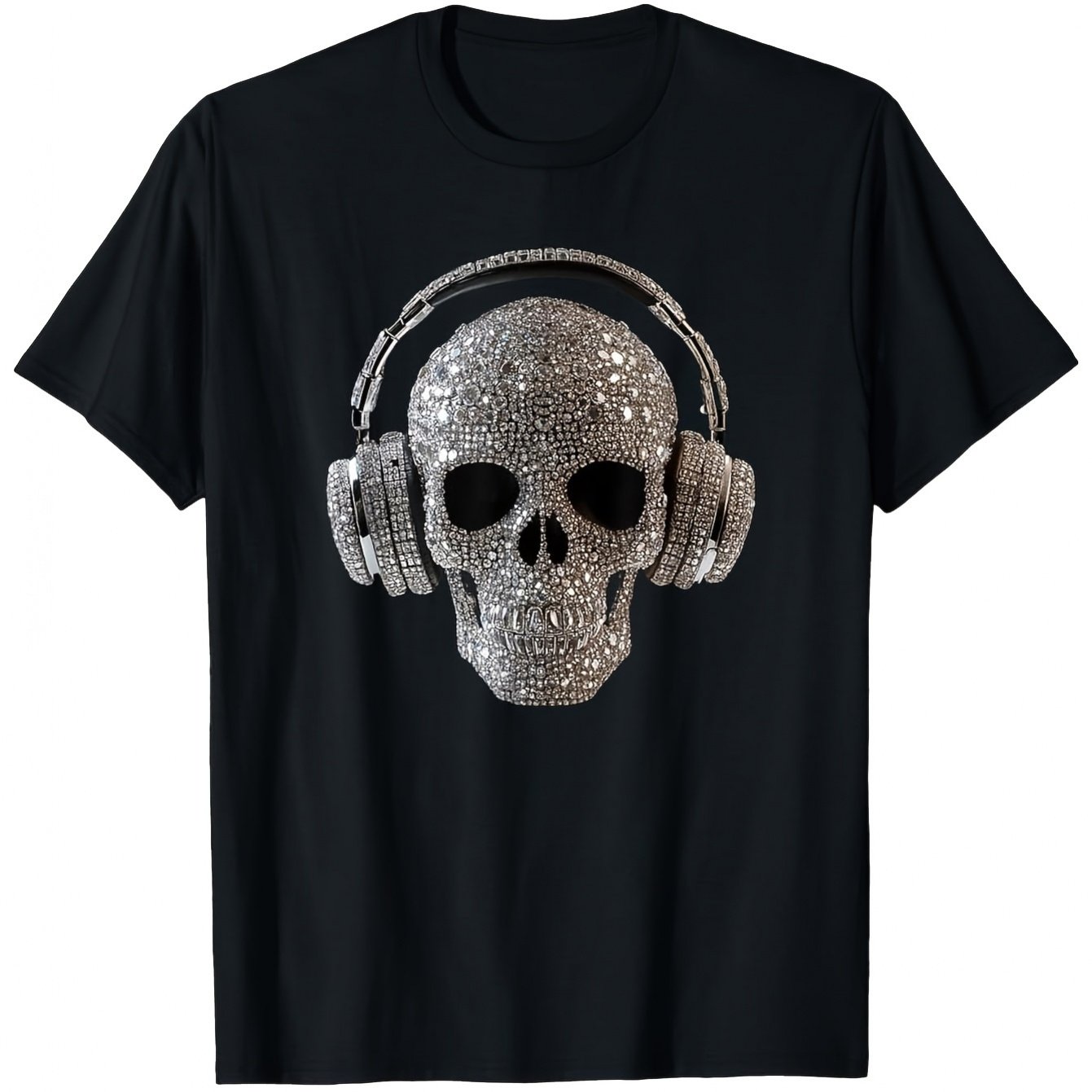 Image of Vintage Style Men's T-shirt With Skull And Headphones Design - Breathable, Short-sleeved Crew Neck Top Suitable For , Plus Size
