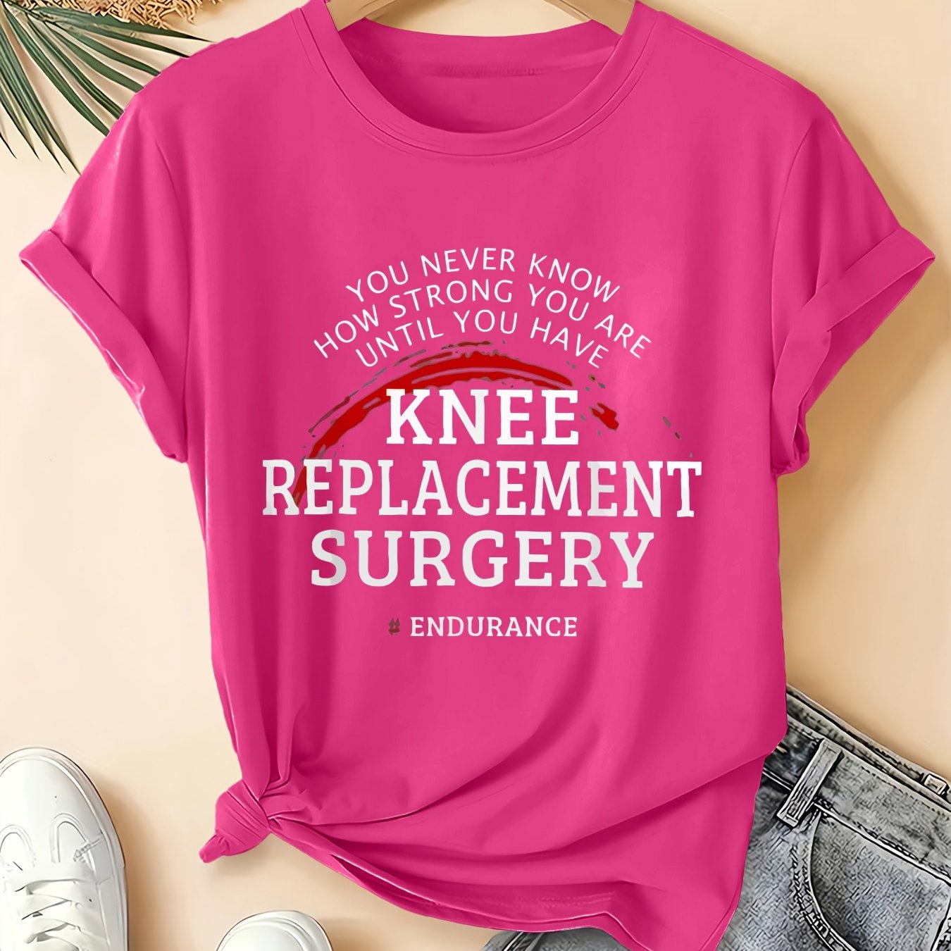 TEMU Women's Plus Size Post-surgery T-shirt - Slogan "how Strong Are You?" Knee Replacement Surgery, Vintage Crew Neck Short Sleeve Top, Machine