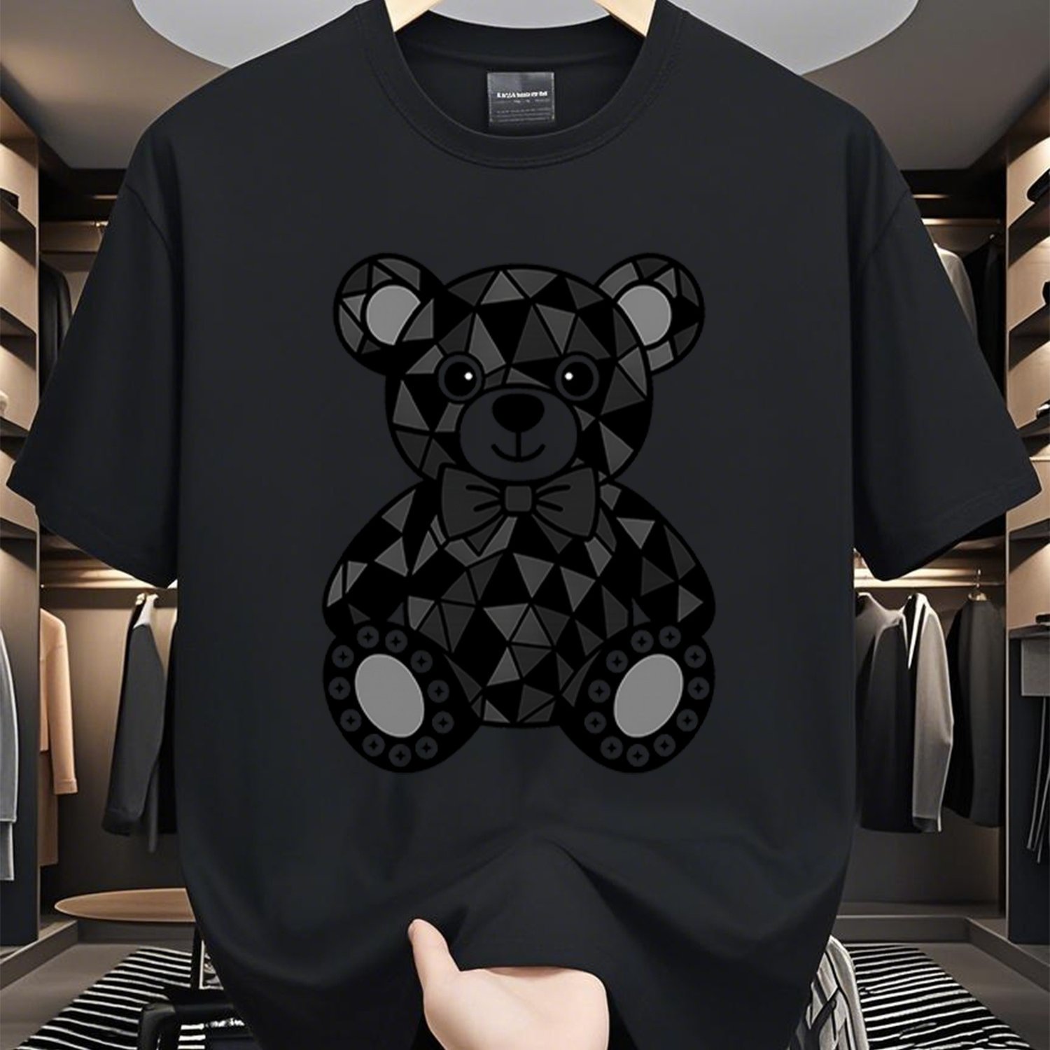 TEMU Men's T-shirt, Men's Shirt, Men's Clothing, Men's T-shirt, Men's Tee, Geometric Bear, Black And White T-shirt, Modern Printed Pattern, High-,