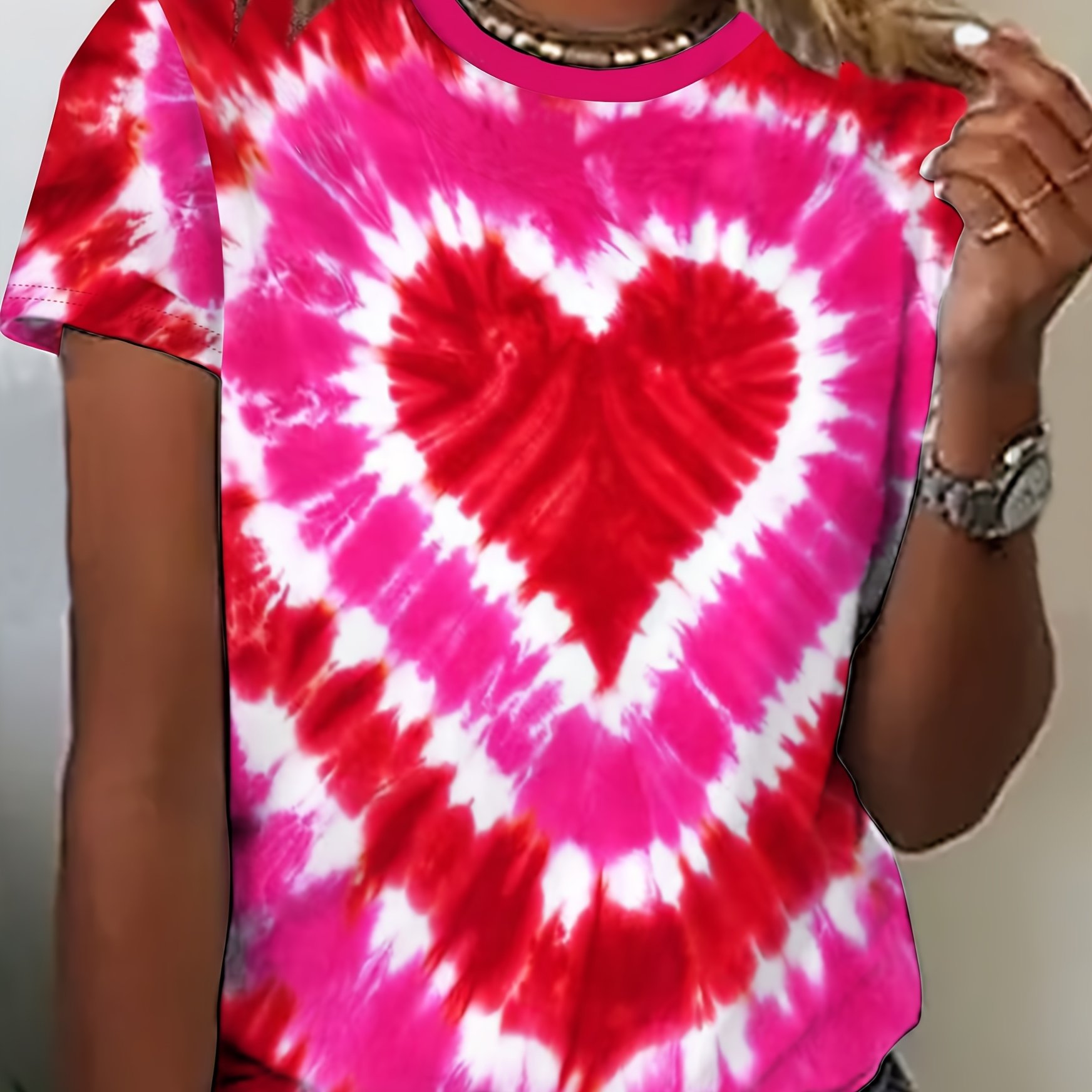 TEMU Heart Print Crew Neck T-shirt, Casual Short Sleeve Top For Spring & Summer, Women's Clothing