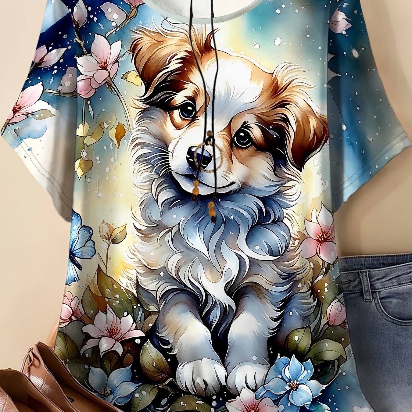 TEMU Women's Plus Size Round Neck Short Sleeve T-shirt, Floral Bordered Border Collie Watercolor , Lightweight And Skin-friendly, Gentle Style For