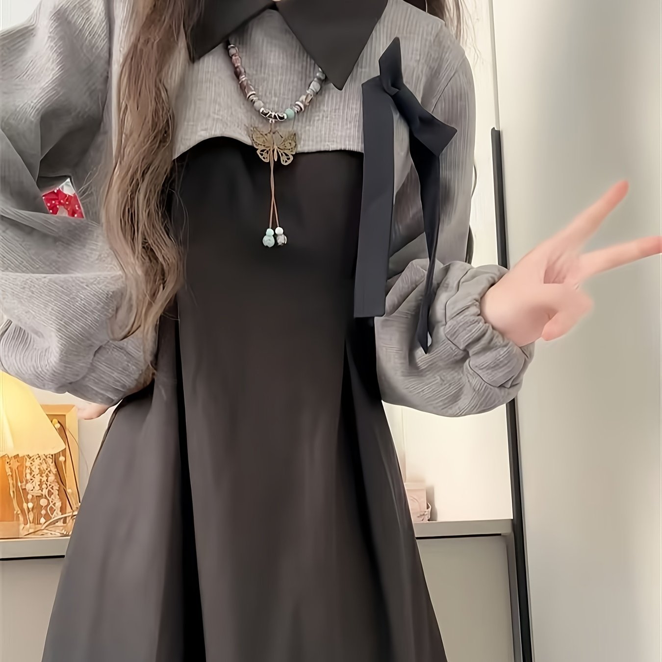 TEMU 早春のアウトフィットになレイジースタイルのブラックドレス一式