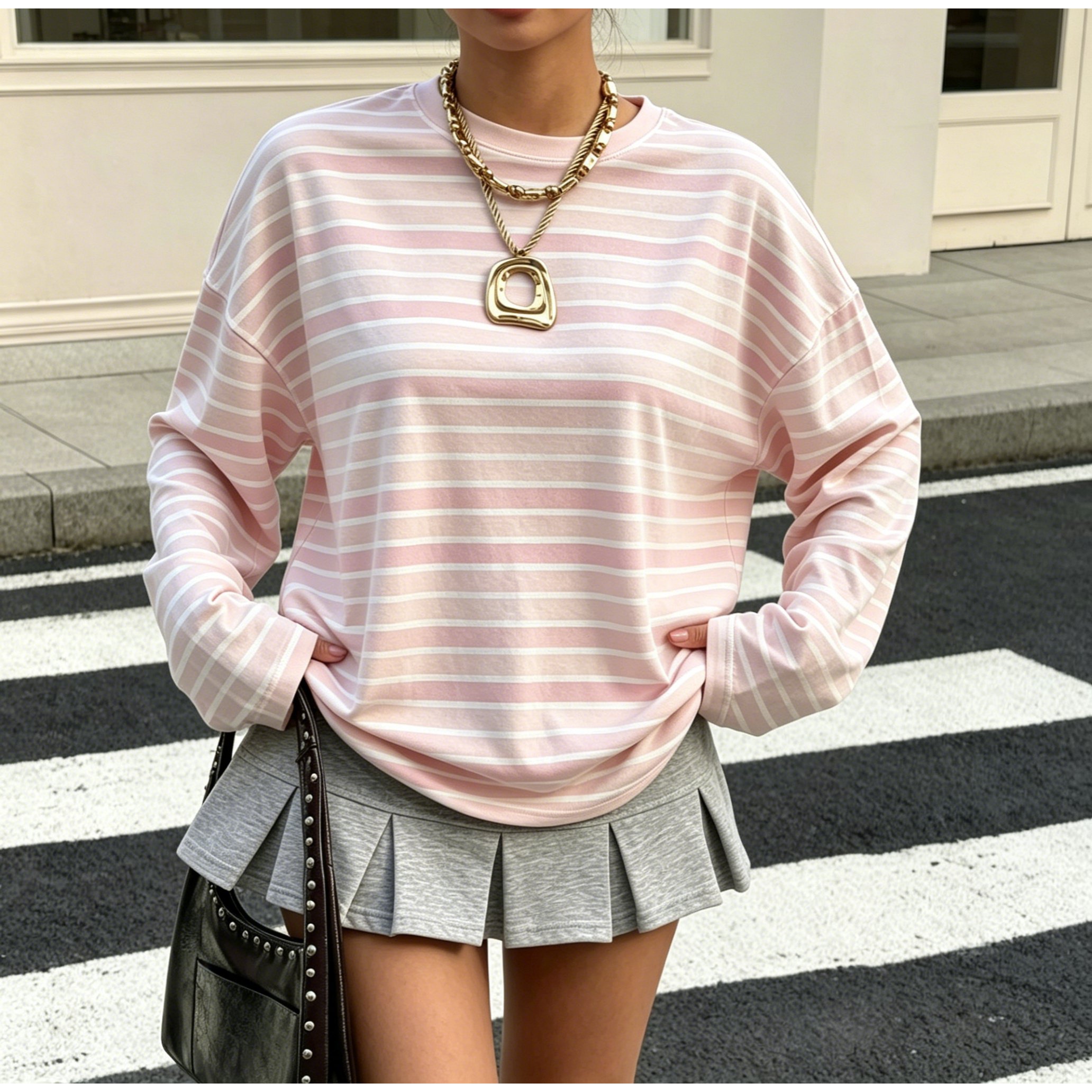 TEMU Plus Size, Milky Mist Powder Gradient Stripe Long-sleeve Top, Loose Fit Flattering Base Layer For Commuting, Worn Inside Or Outside, Gentle And,