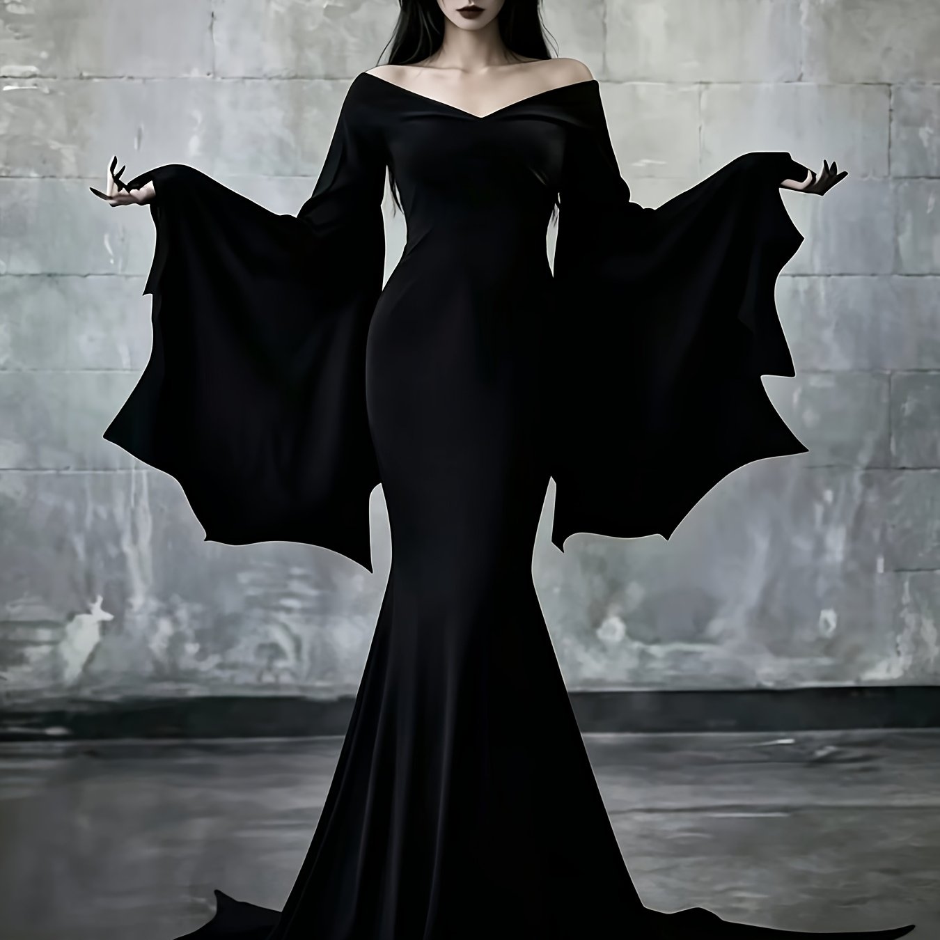 TEMU Gothic Style Off-shoulder Mermaid Dress With Batwing Sleeves, Made Of Polyester Fabric, Long Sleeve