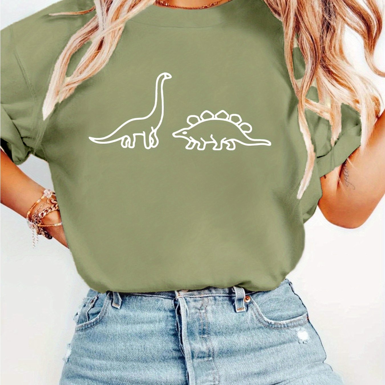 TEMU Women's Casual Crew Neck T-shirt With Dinosaur Graphic Print, Short Sleeve, Stretch Polyester & Spandex Knit Fabric, Summer Top - 96% Polyester,
