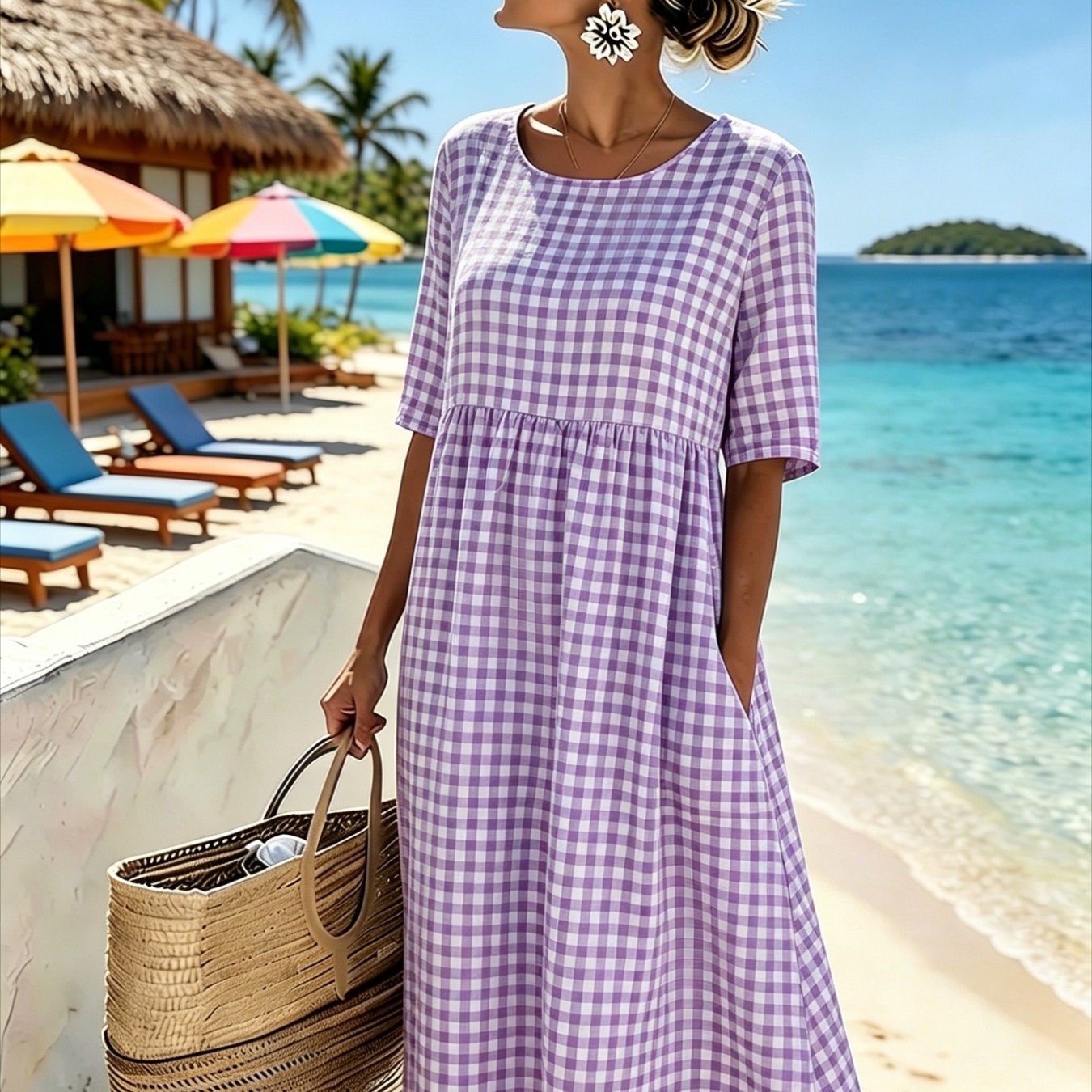 Women's Elegant Midi Dress - Casual 3/4-sleeve, Crew Neck, Loose-. Machine Washable. A Comfortable Beach And Vacation Dress, Perfect For Travel, Getaways, And Everyday