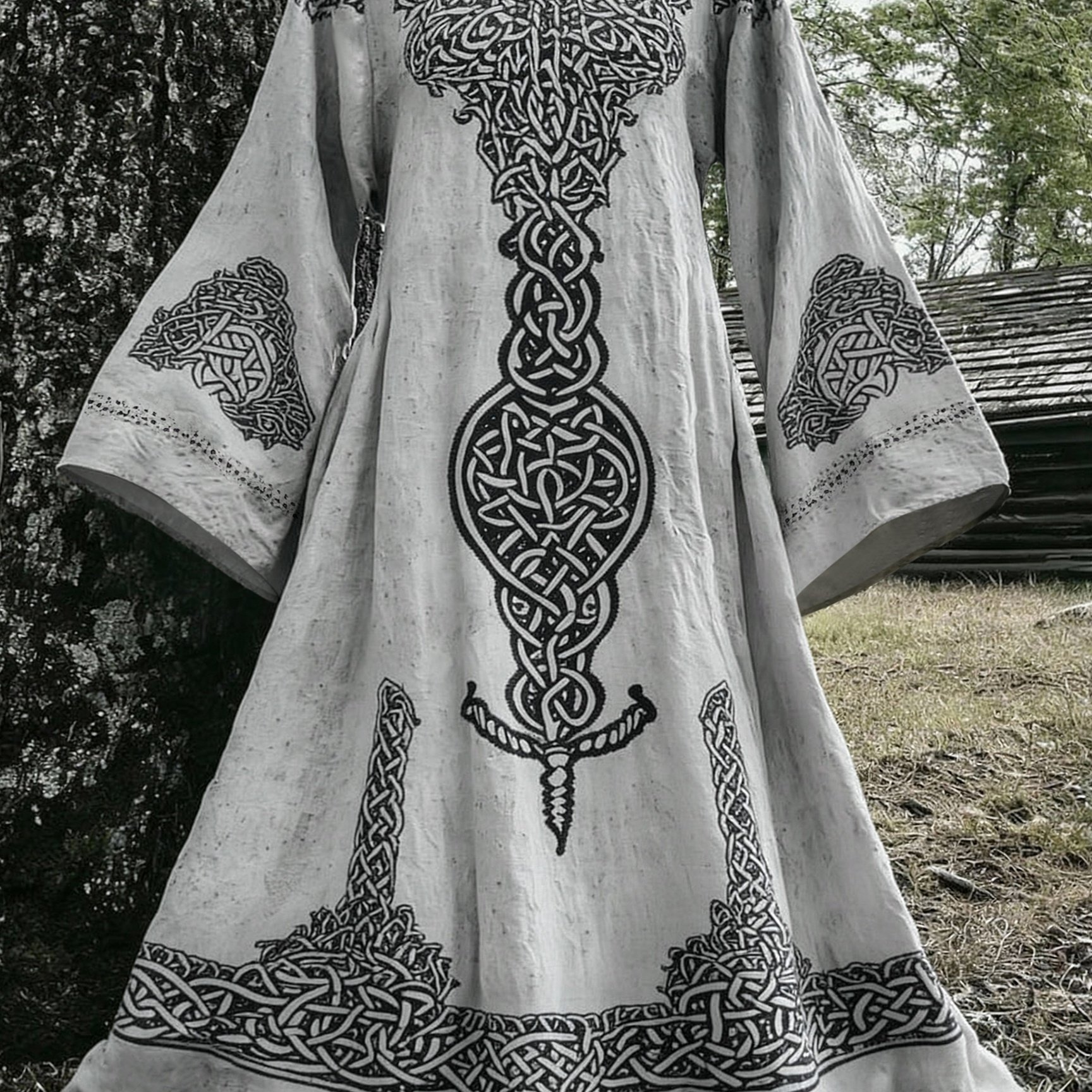 Image of Plus Size, A Plus-size Women's Viking Life Tree Print Flared Sleeve Dress, A Fashionable And Elegant Outfit