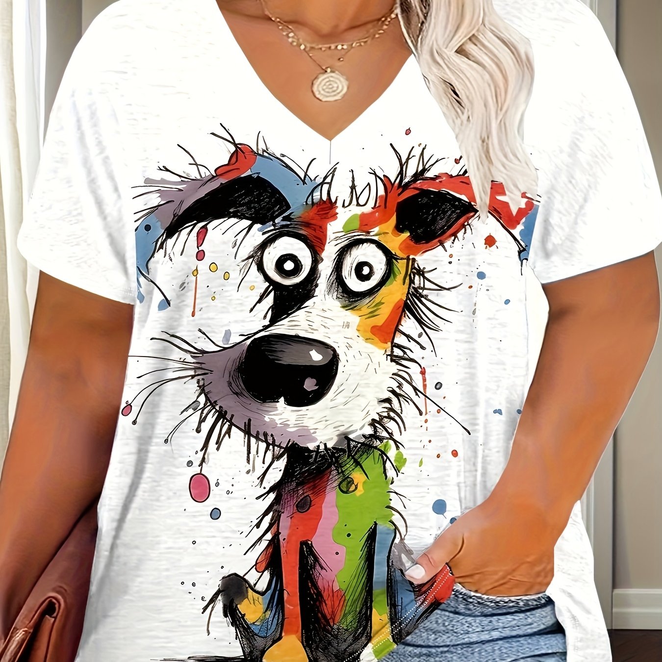 Image of Plus Size, Women's Casual Print T-shirt - Round Neck, Short Sleeve, Stretch, Top For Summer