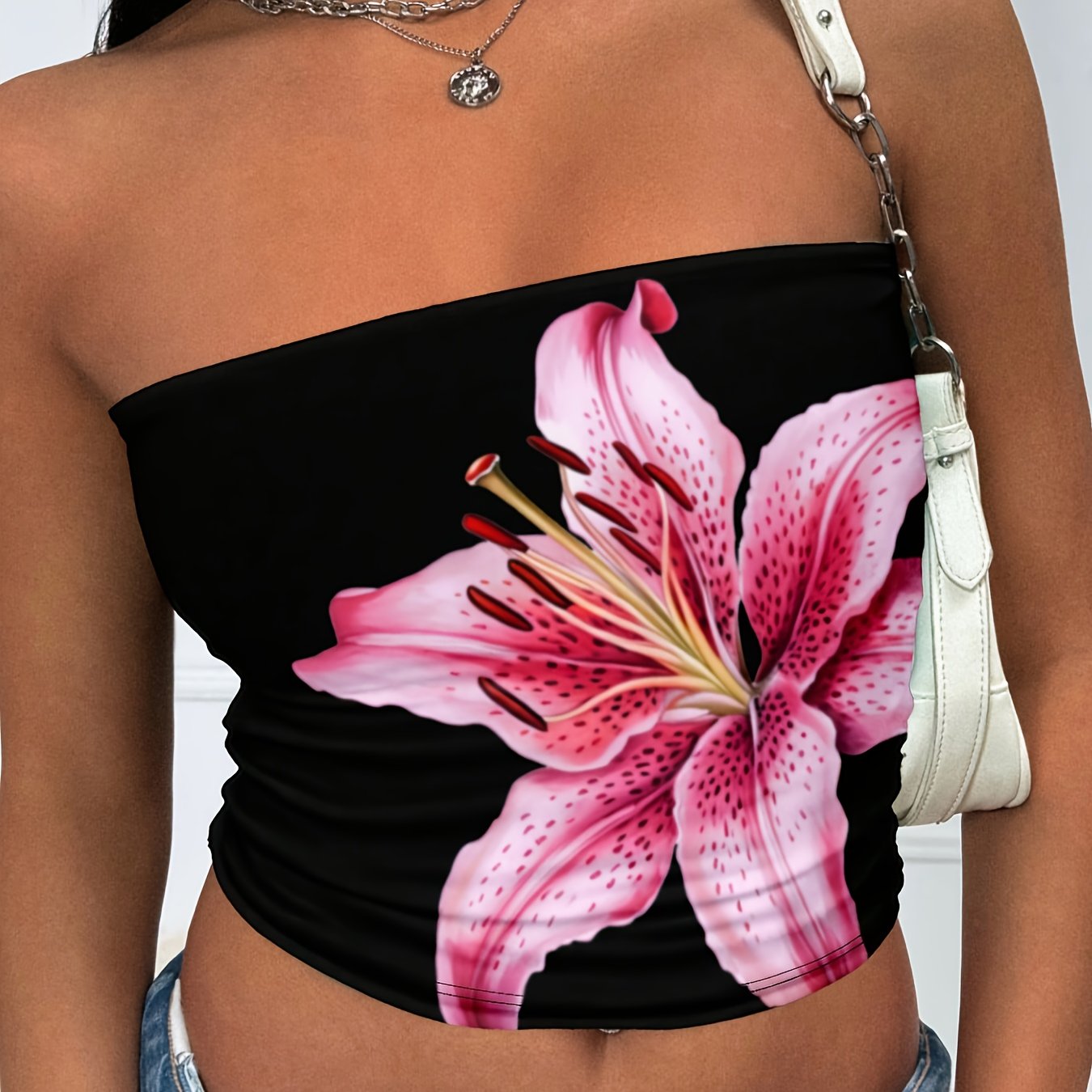 TEMU Y2k Women's Lily Flower Print Minimalist Style Daily Black Tube Top