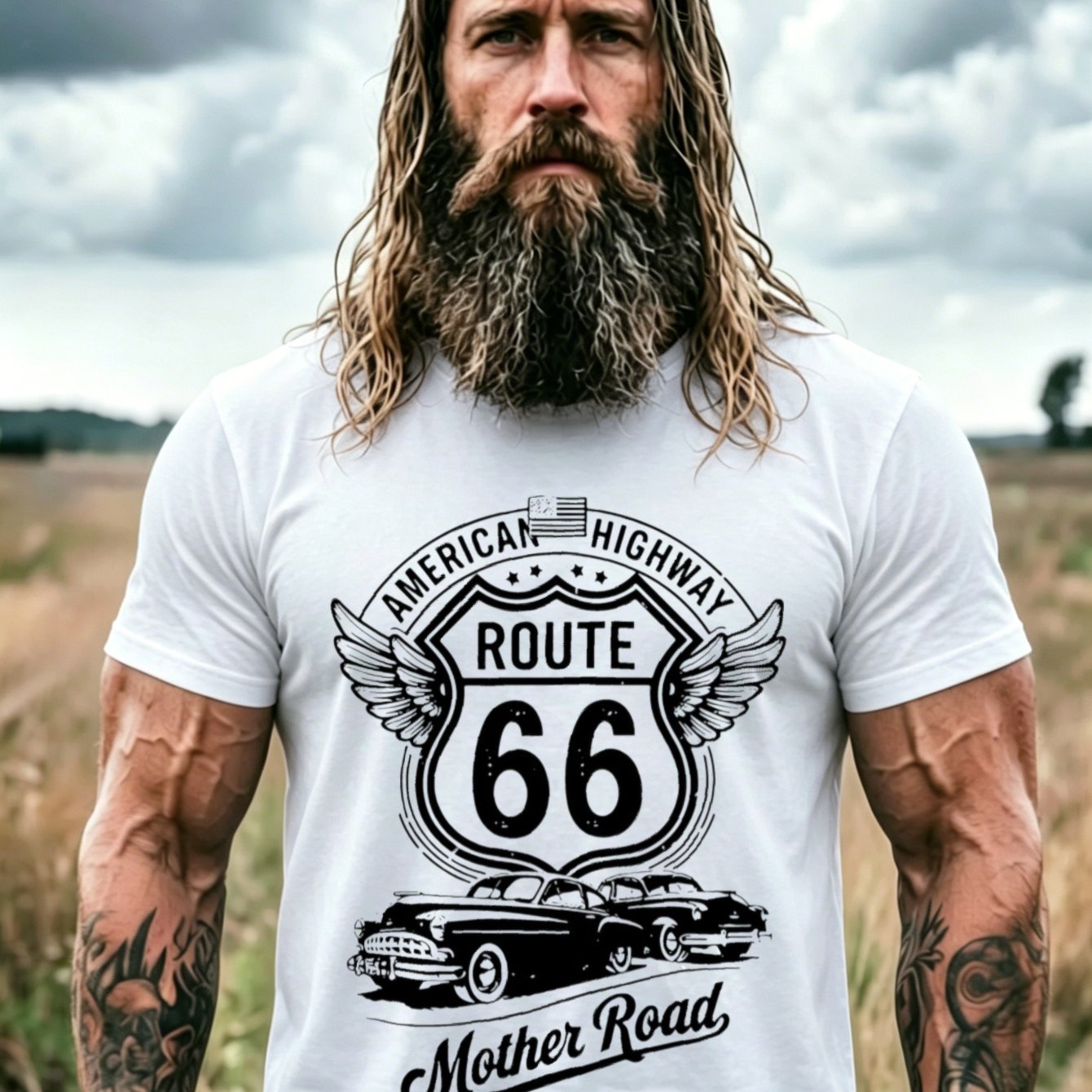 TEMU Men's Vintage T-shirt - Retro Shield Emblem & Number 66 Print, Loose Fit Casual Short Sleeve Shirt Suitable For Trips, Highway Themed Apparel,