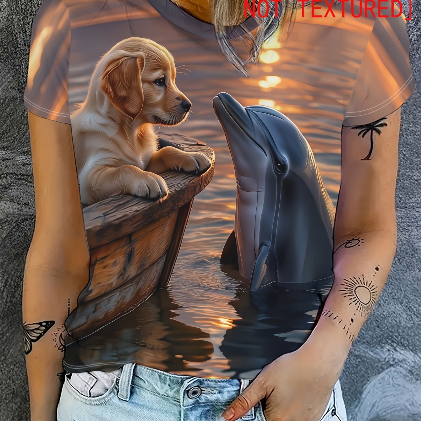 TEMU Little Dog On Boat, Dolphin Playing In Water, Sunset Reflection On Surface - Women's Round Neck Short Sleeve Fashion T-shirt
