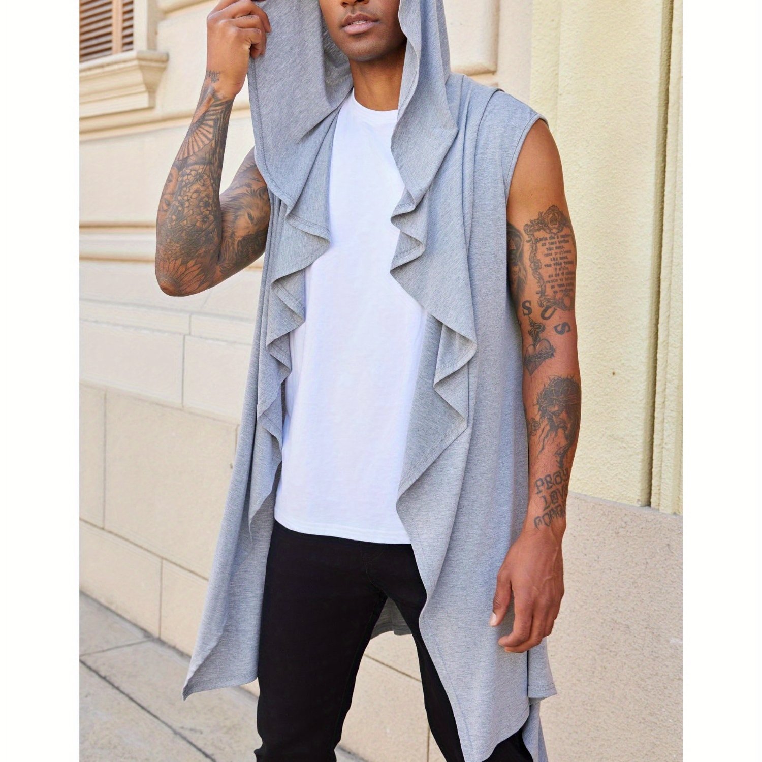Lightweight Cape Coat For Men Featuring A Long Hood, Sleeveless Design, Jacket Style, And A Scarf Collar