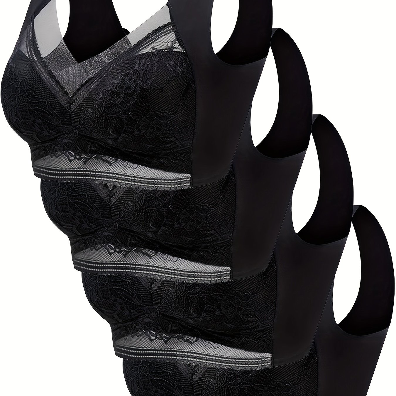 4pcs, Women's Lace Trim Sports Bra, V-neck, High Stretch, Full Coverage, Wireless, Activewear For Sports & Leisure