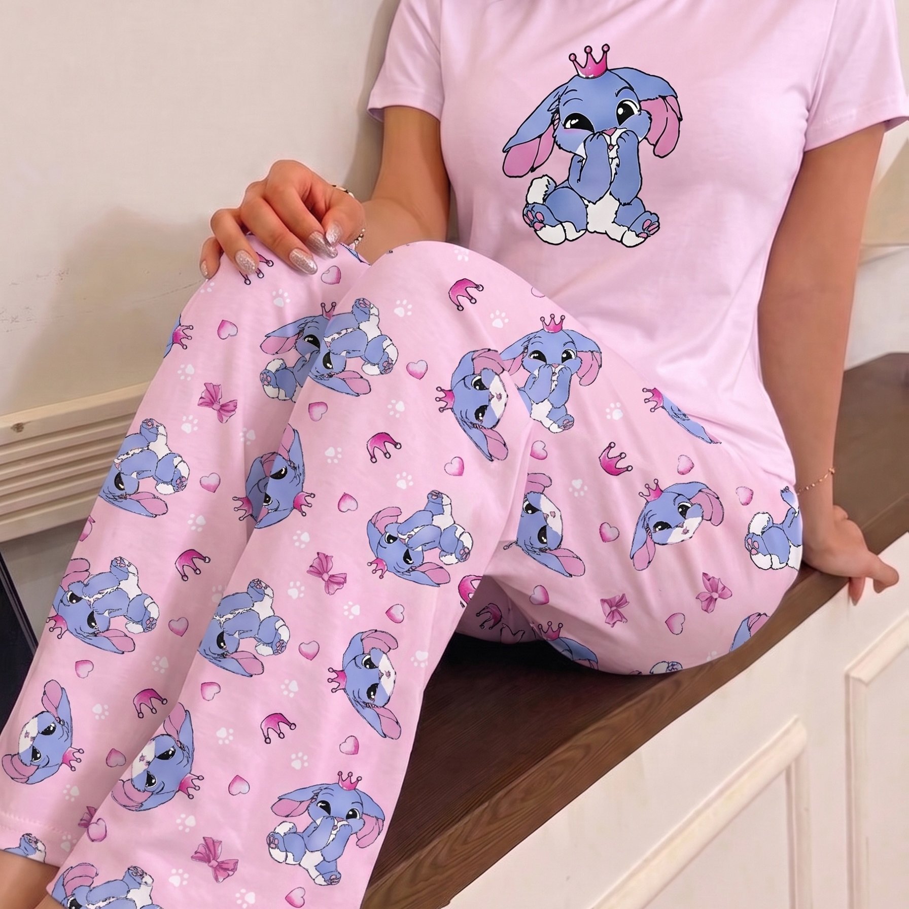 TEMU Women's Cute Cartoon Rabbit And Crown Print Short-sleeve T-shirt, Full-print Cartoon Rabbit With Heart And Bow Long Pants Loungewear Pajama Set