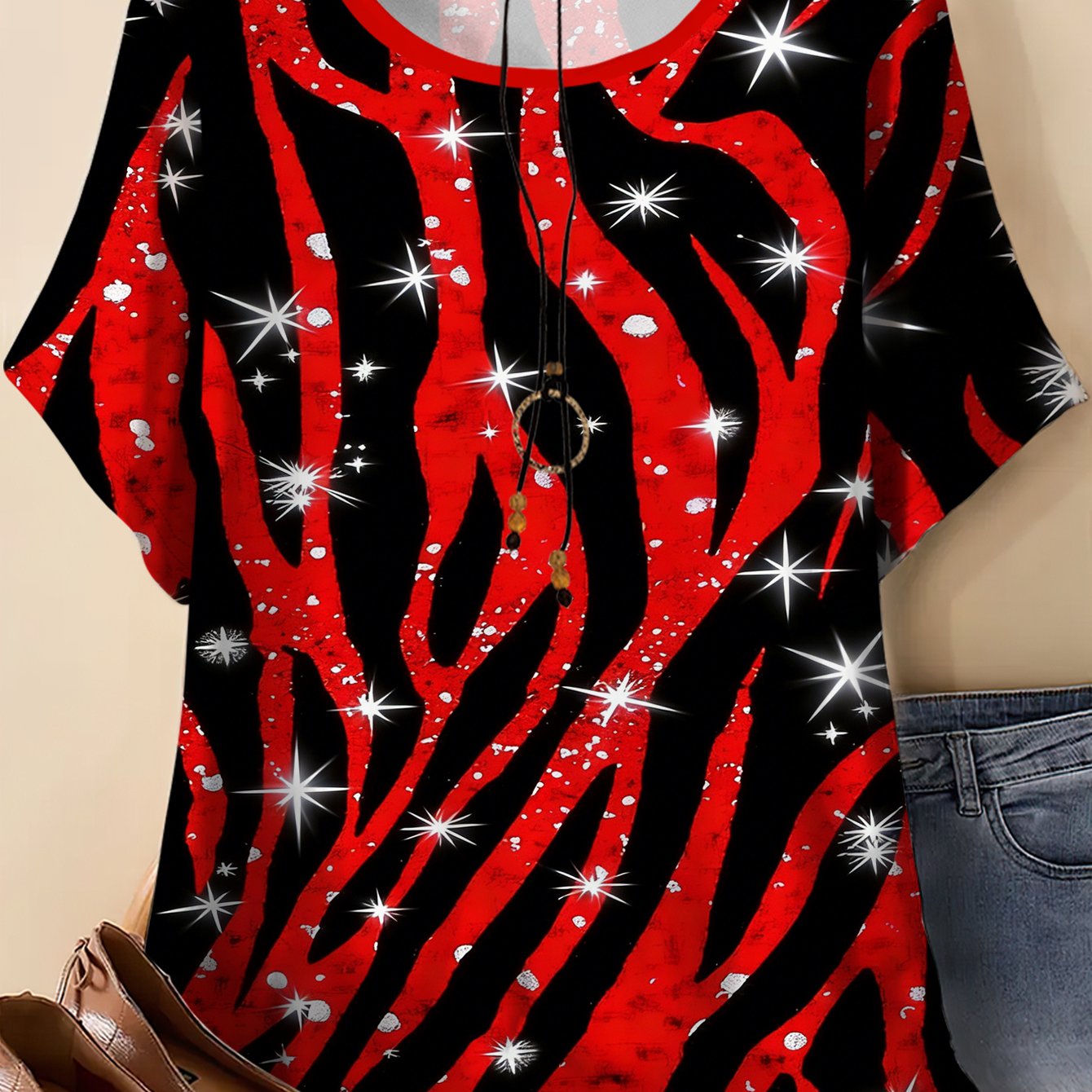 Plus Size, Plus Size Oversized Tiger Print T-shirt - Tiger Pattern Short Sleeve Round Neck Blouse Suitable For Types, Breathable Summer Casual Top, Loose Fit Curved (machine Washable)