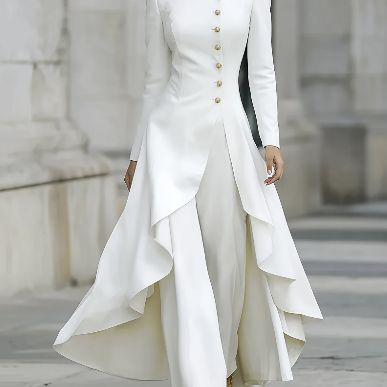TEMU Elegant White 2pcs Formal Set: High Neck, Golden Buttons, Asymmetrical Flowing Hem, Long, Wide-leg Pants