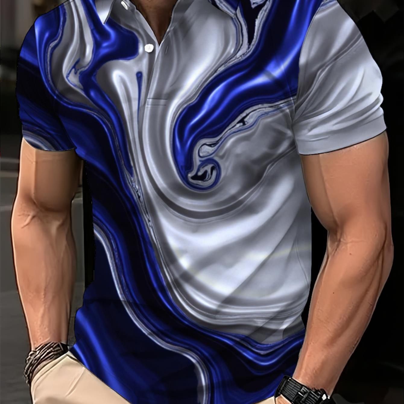 TEMU Men's Short-sleeve Shirt, Abstract Fluid Dynamics Print, Deep Cobalt Blue And Silver Swirls, Breathable Casual Collared Top, Suitable For