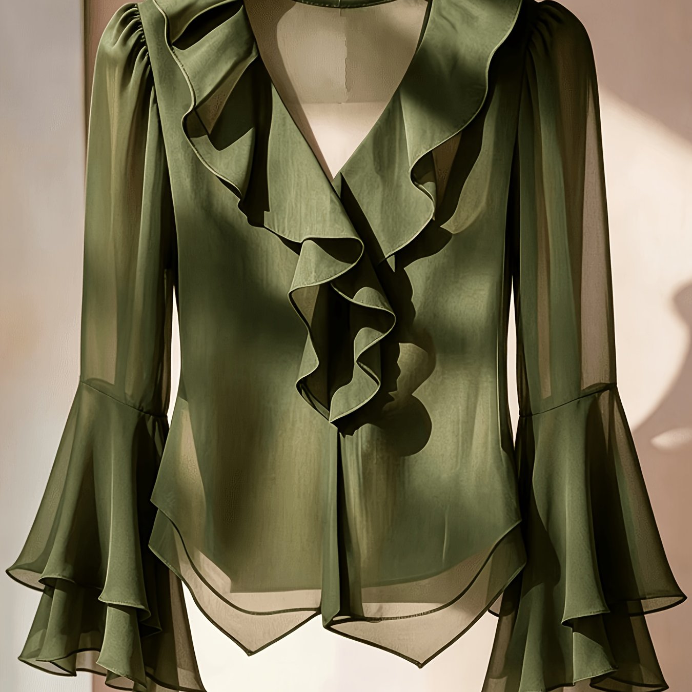 TEMU French Solid Long Sleeve Shirt, Sheer Chiffon V-neck Double Layer Flare Sleeve Top For Women, Casual Vacation