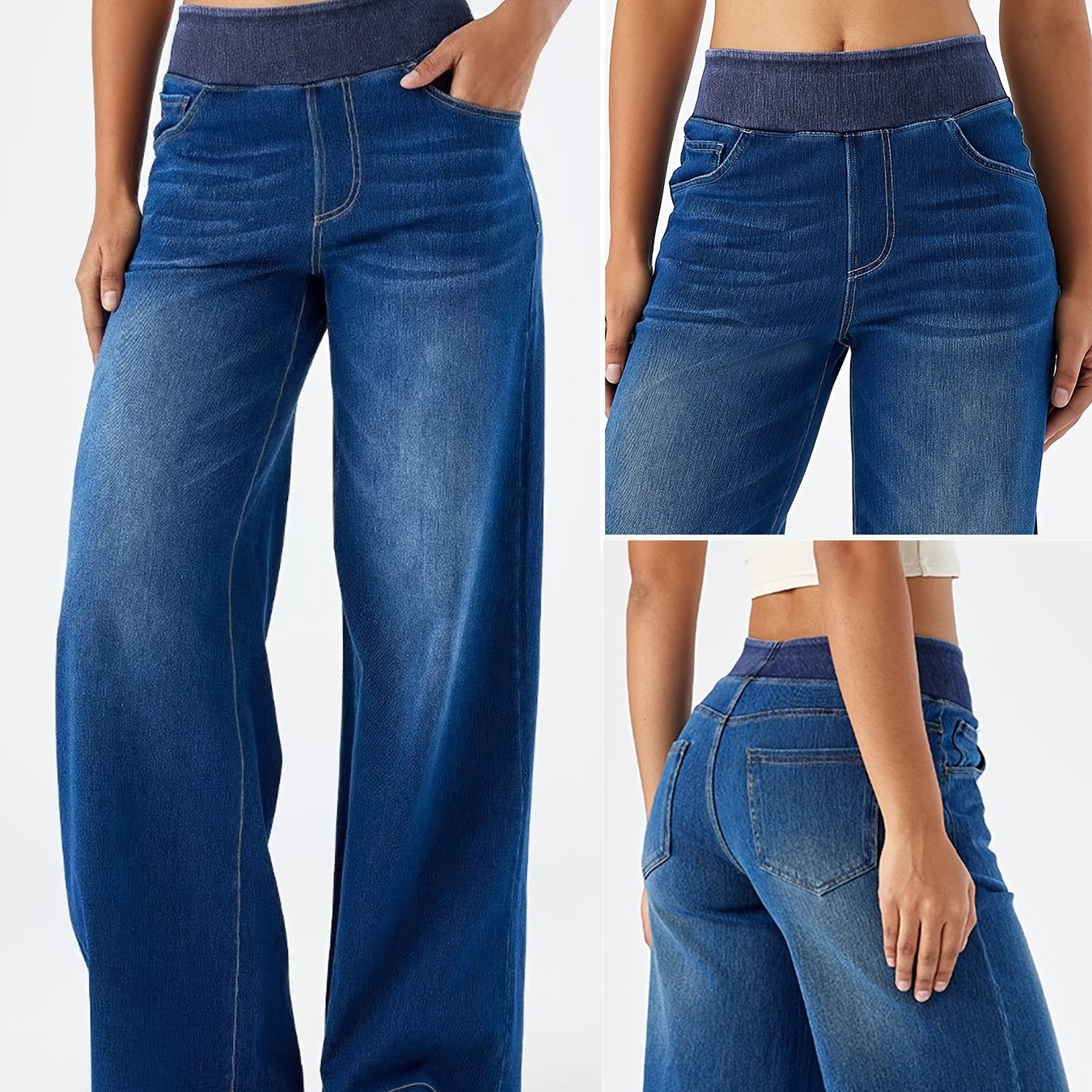 Image of (new Arrival) Elastic Waistband, Stretch Fabric, Women's Jeans, New Style Trousers, Straight Leg, Wide Leg Pants, High-waist Trousers