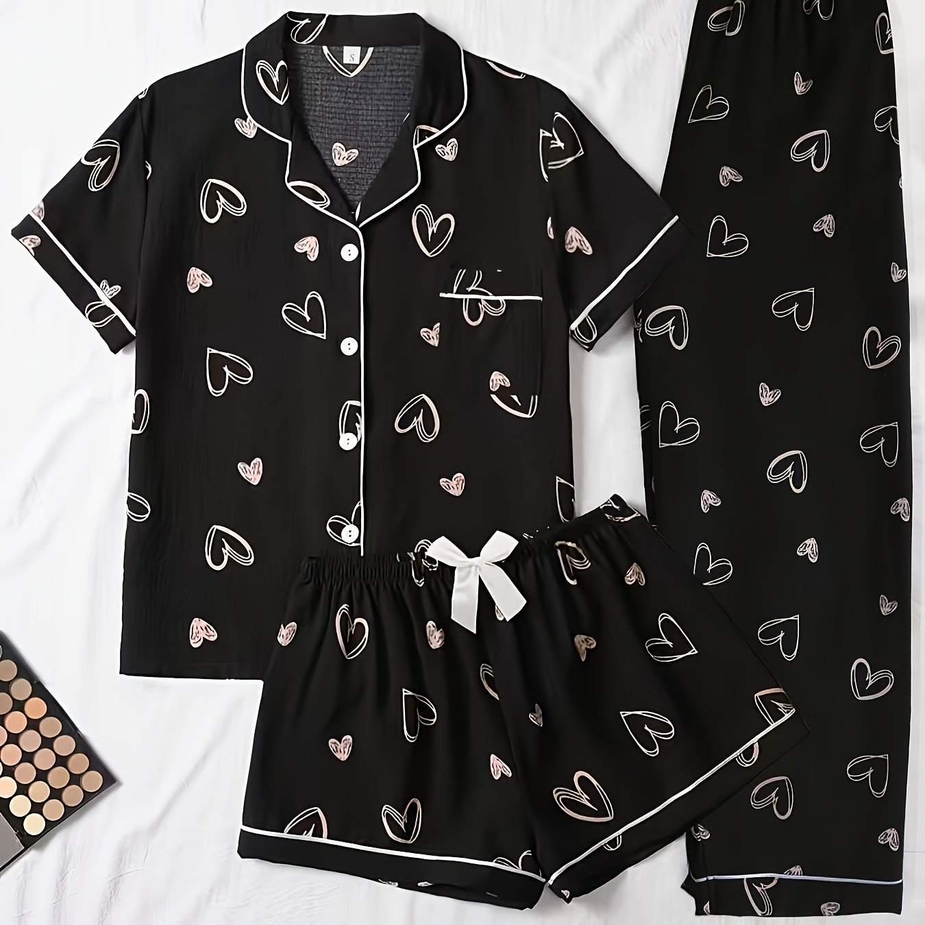 TEMU Women's 3pcs Set With Large And Small Heart Doodle Print Pajamas, Casual And Cardigan With Lapel And Short Sleeves, And Elastic Waist Long And
