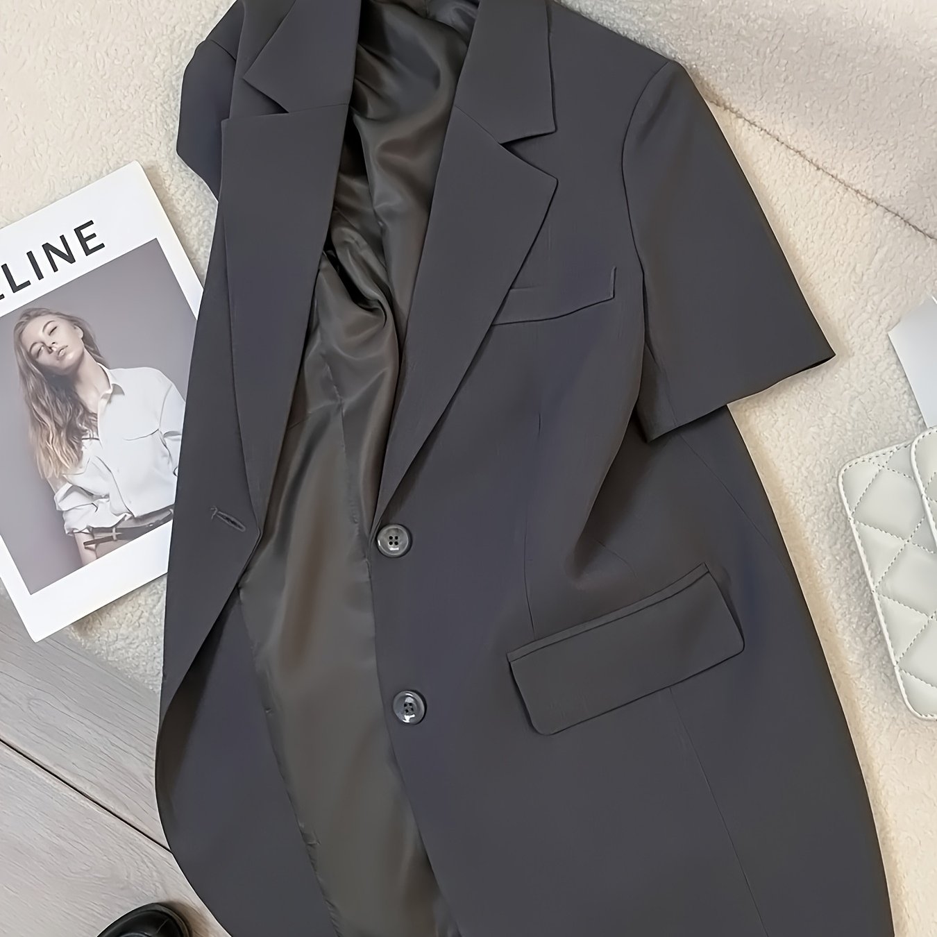TEMU Plus Size, Plus Size Short Sleeve Elegant Button-front Blazer - Fashionable Short Sleeves, Versatile , Polyester Fiber, Machine Washable, Ideal