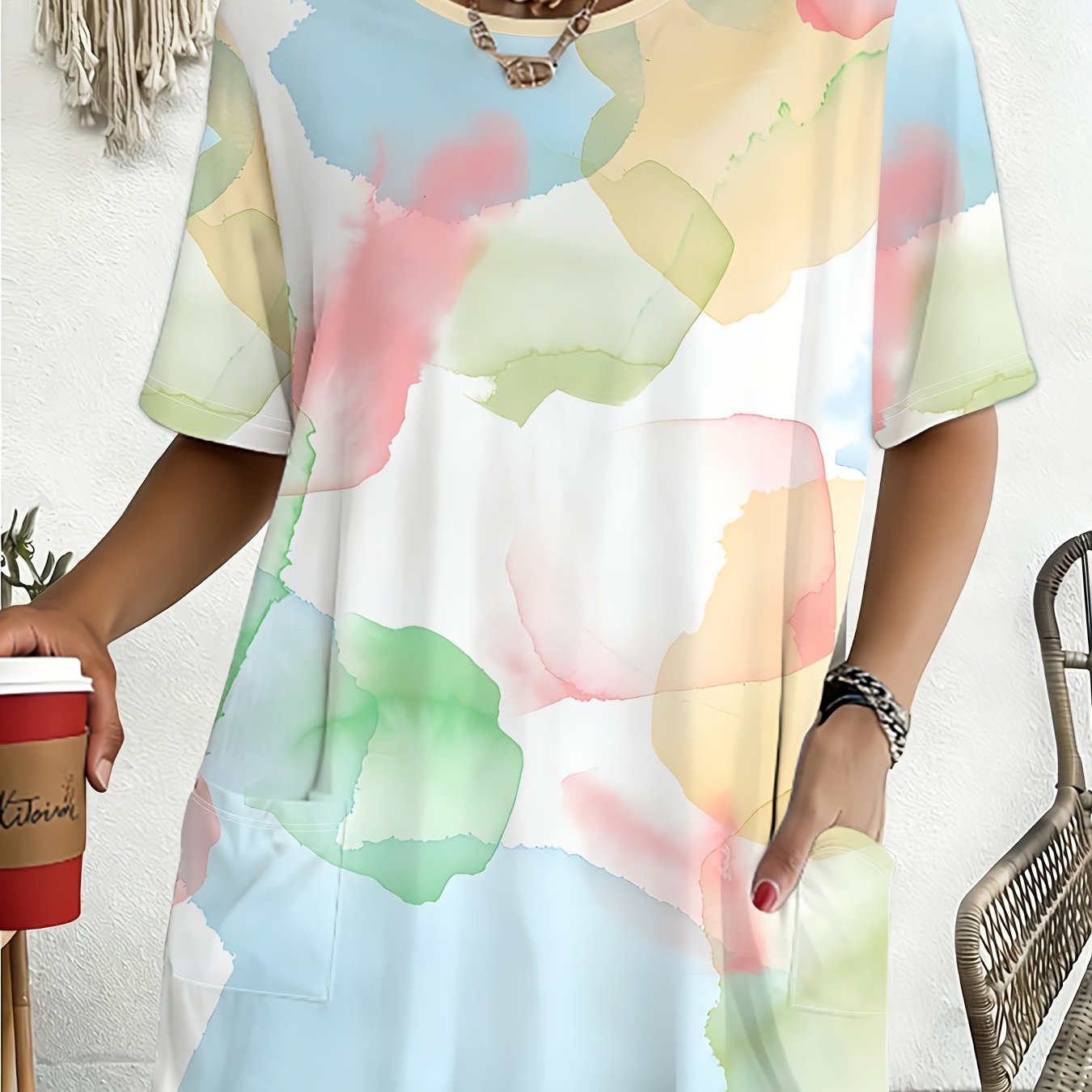 TEMU Fresh Macaron Watercolor Ombre T-shirt, Plus Size Loose Fit Concealing Mid-length Top With Pockets