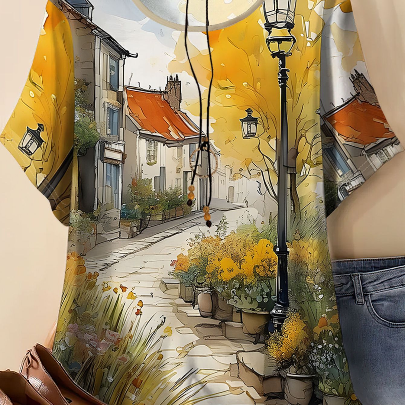 TEMU Plus-size Women's Short-sleeve T-shirt Featuring An Oil Painting Landscape Print, A Relaxed With A Pastoral Art Design