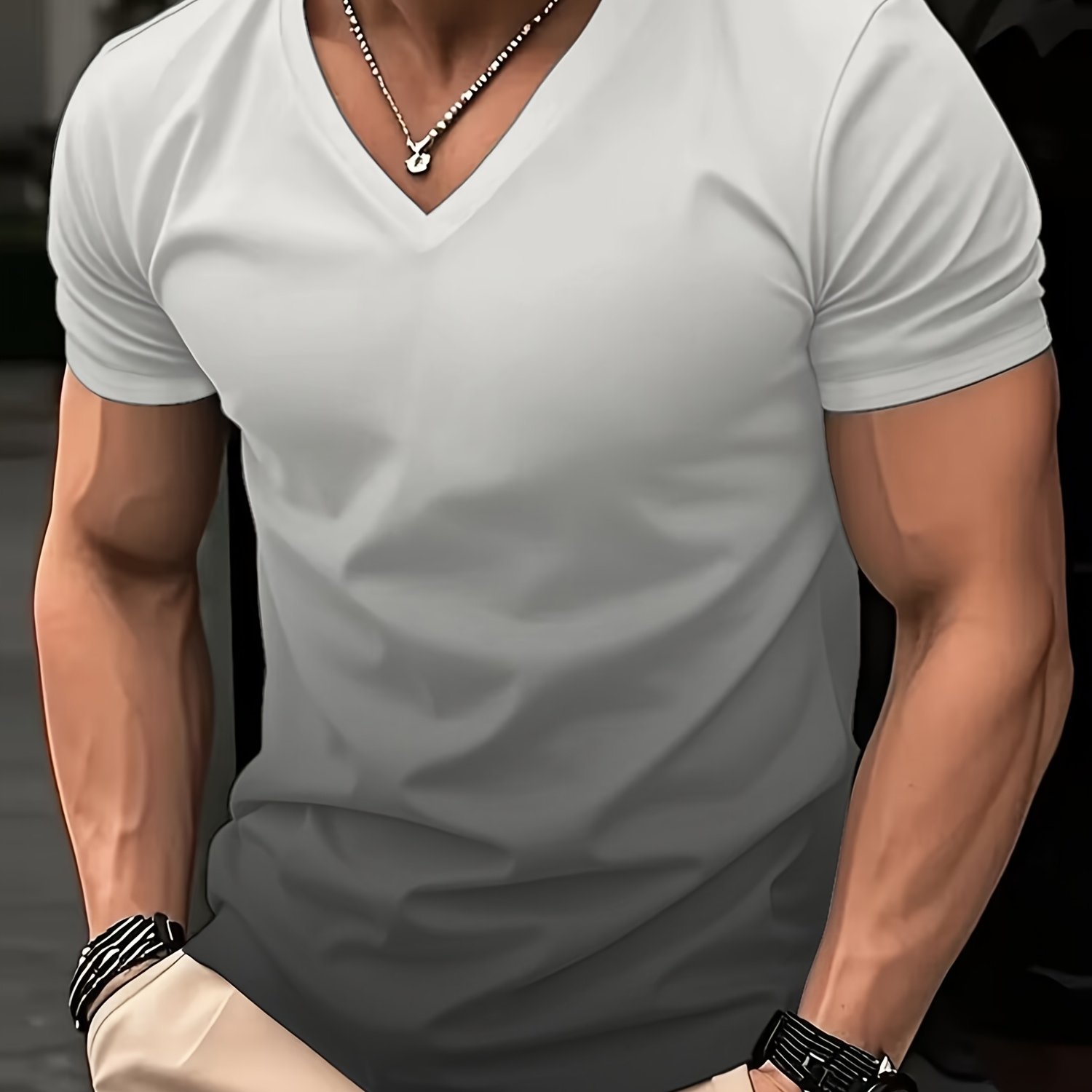 TEMU Men's Summer V-neck Short-sleeve Blouse-fit-compatible Top (no Suitable For Blouse Brand Shirts) - Gray Gradient Casual Shirt For Warm Weather,