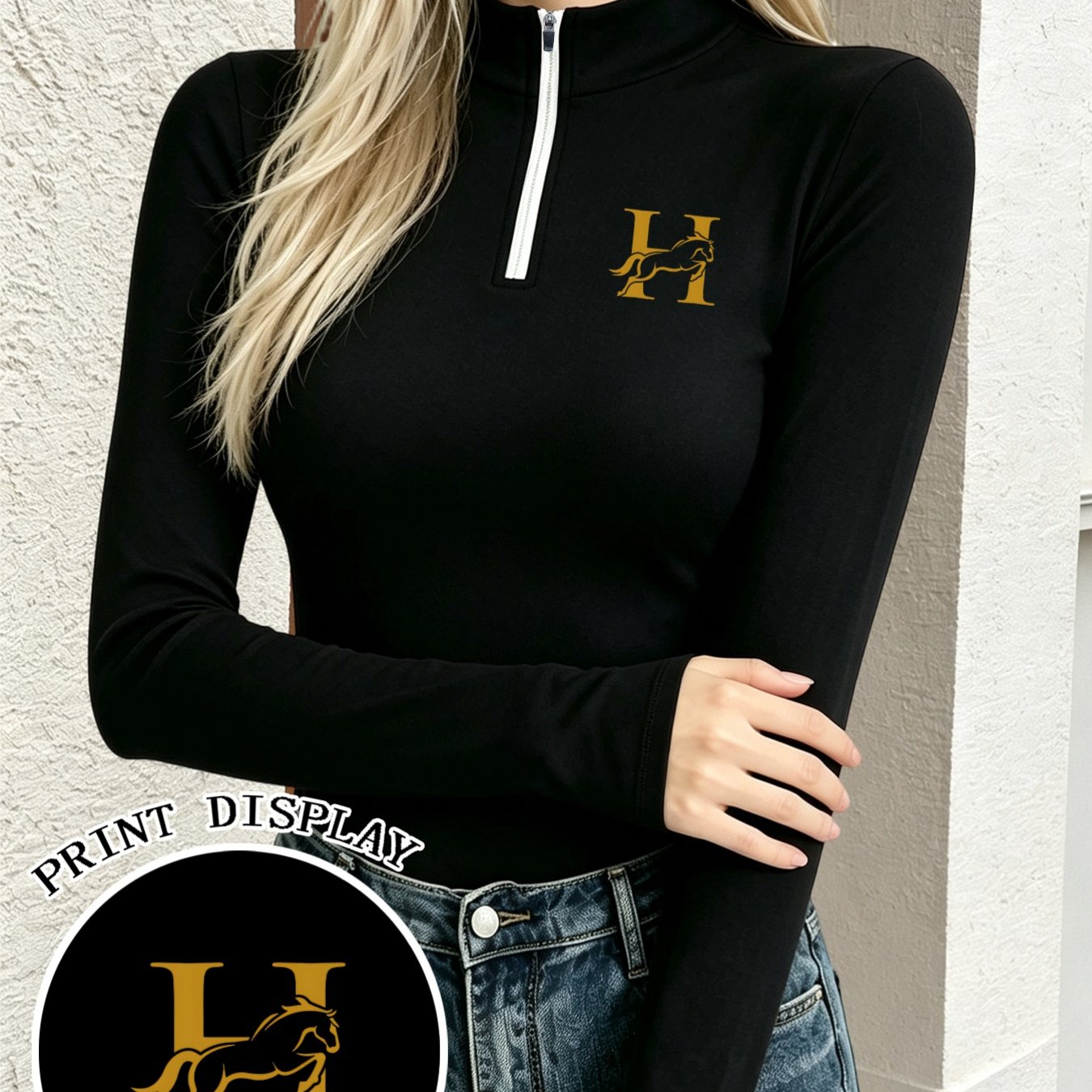TEMU Women's Horse Monogram Print Half-zip Long Sleeve Base Layer Top. -zip Neckline Allows For Adjustable Styling, Making It Versatile For Wear And