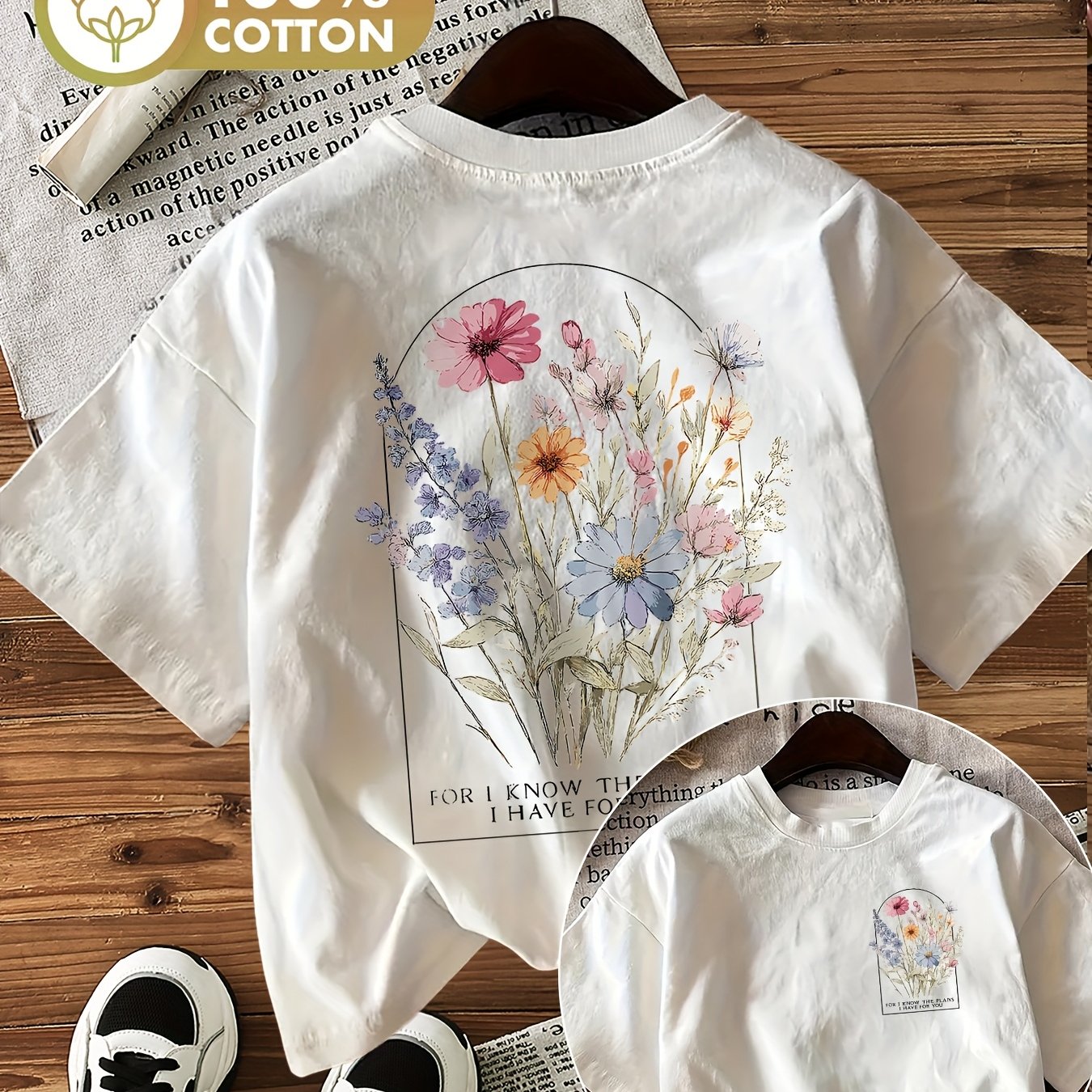 Image of Double-sided Printed T-shirt With , Featuring Flowers And Leaves, Perfect For I The